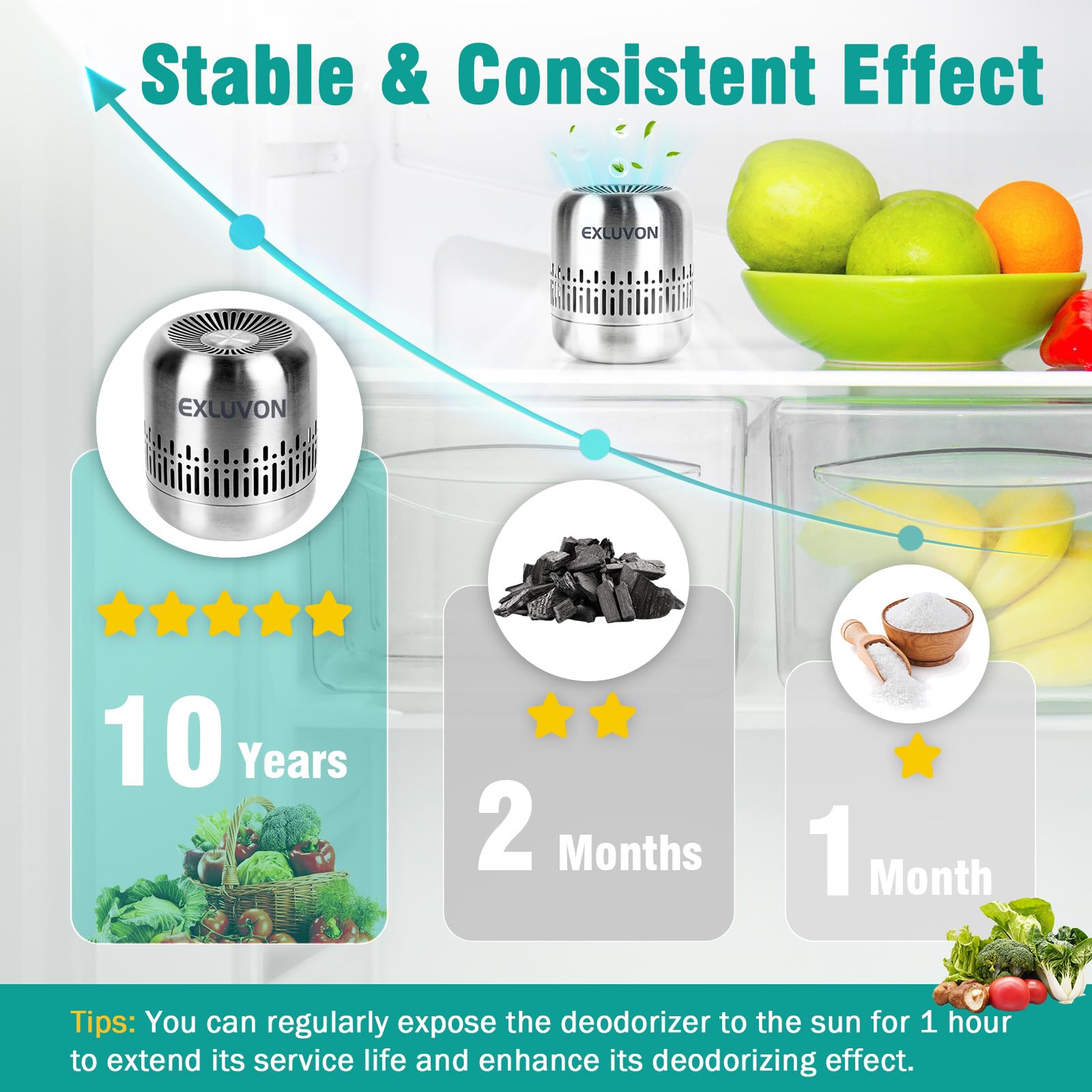 Exluvon Refrigerator Deodorizer,Lasts for 10 Years Fridge Deodorizer Kitchen Gadgets Charcoal Air Purifier Odor Eliminator for Fridge & Freezer, Room,RV and New Home,More Effective Than Baking Soda