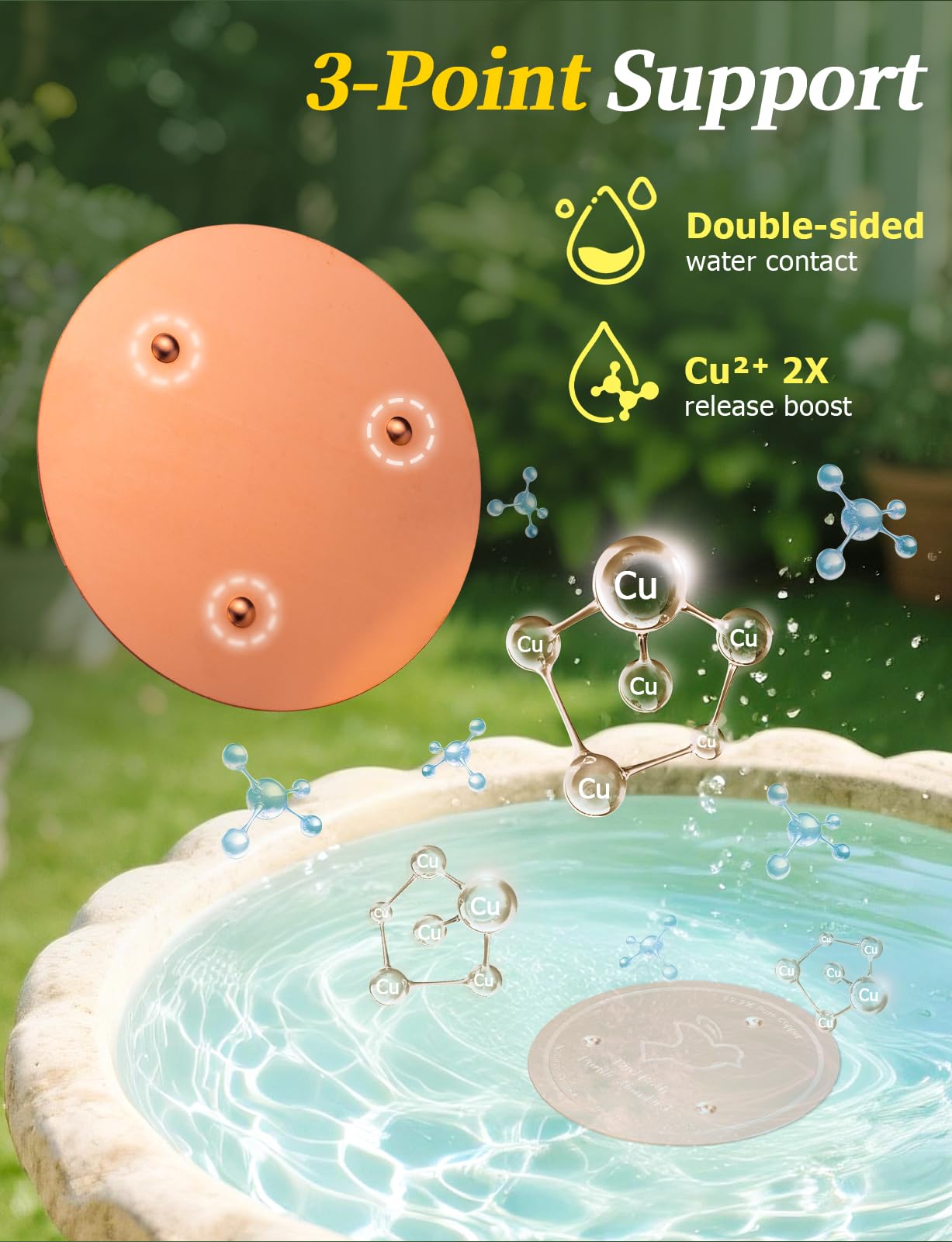 Mellbree Bird Bath Copper Disk, 0.6mm Reinforced 99.99% Pure Copper Cleaning Disk with Triple-Point Support for Physical Safe Clean Water All-Season, Universal Fit for Outdoor Birdbaths, Bowl