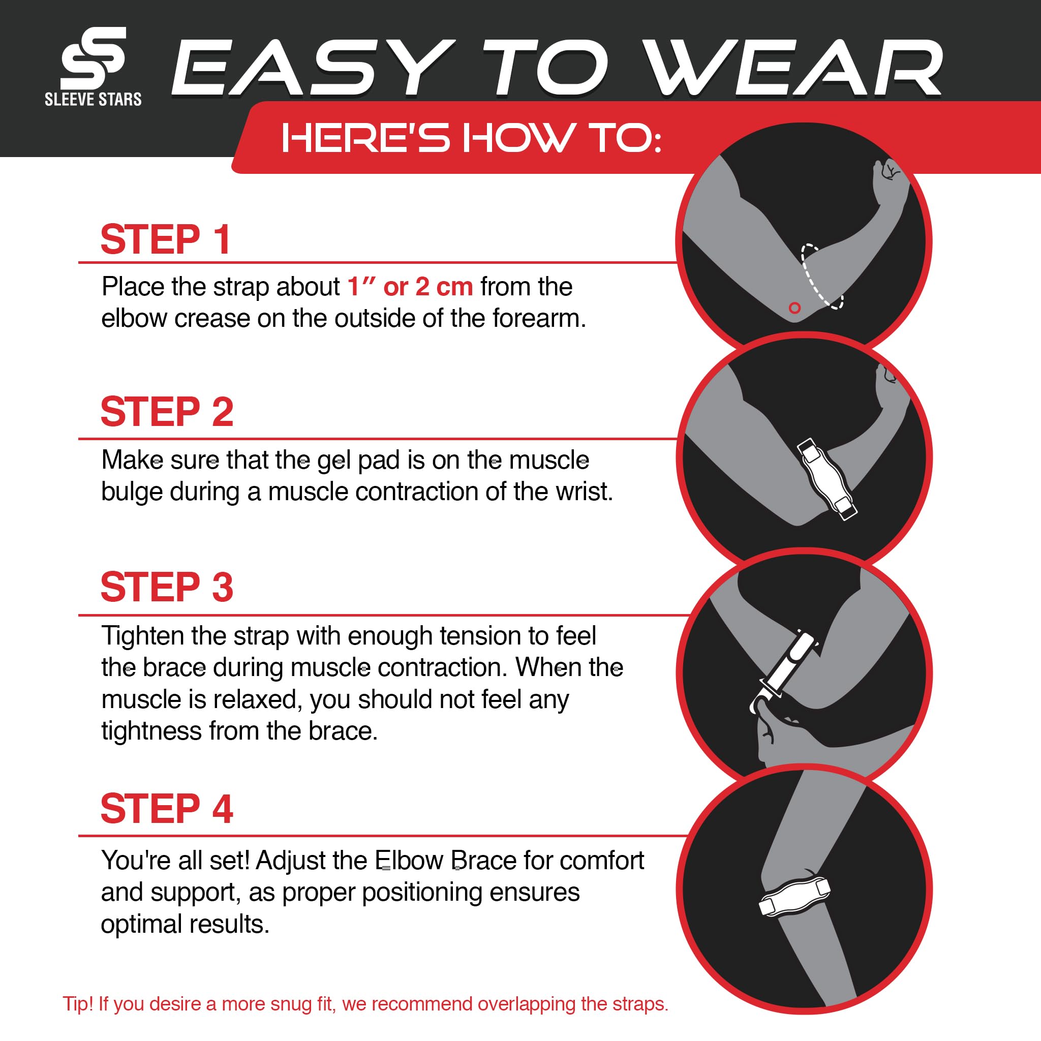 Sleeve Stars Tennis Elbow Brace for Women - Adjustable Tennis Elbow Strap, Golfers Elbow Brace for Men, Counterforce Brace for Tennis Elbow for Tendonitis Relief, Fits 9"-23" (Single/Black)