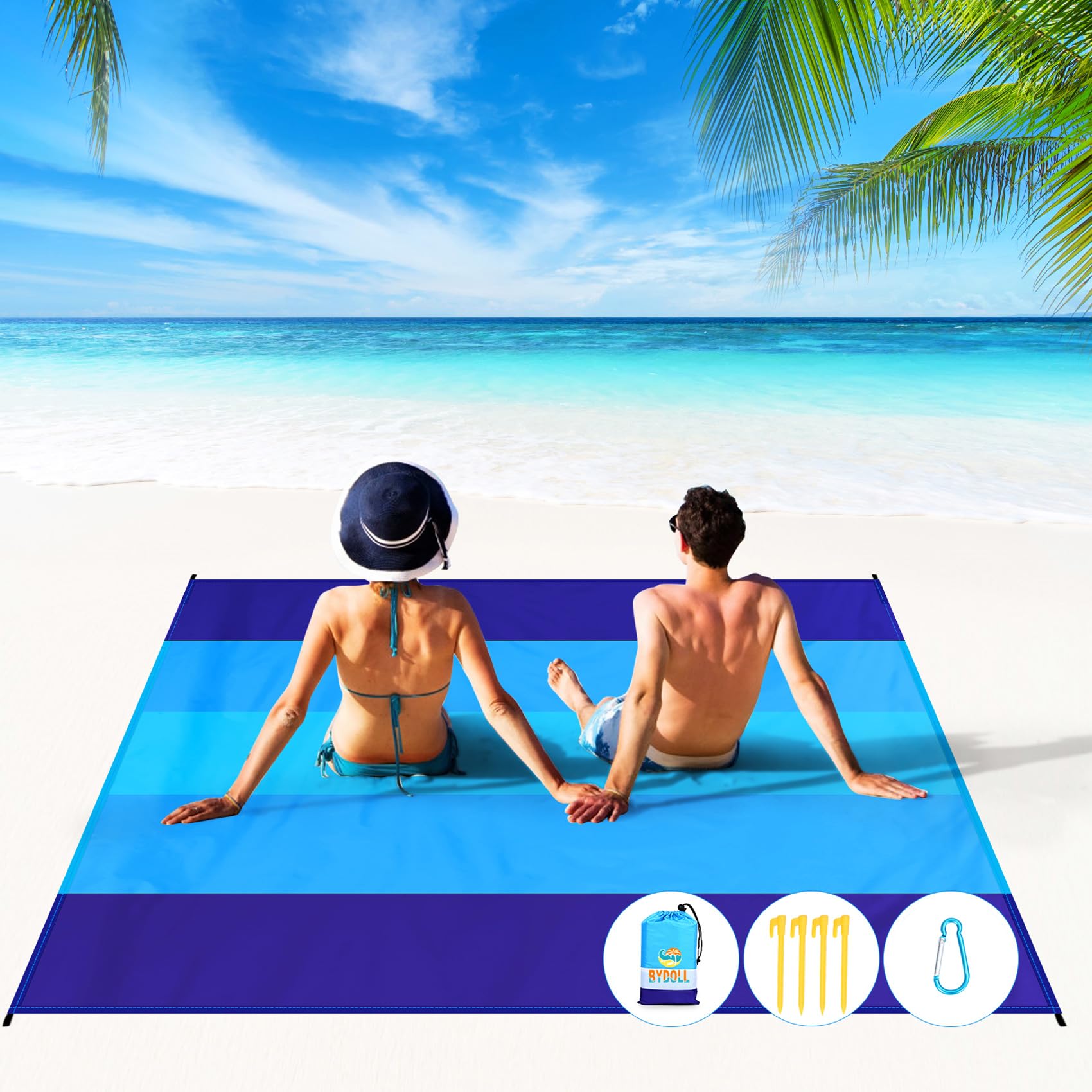 BYDOLL Beach Blanket 78''×81'' 4-7 Adults Oversized Lightweight Waterproof Sandproof Beach Blanket Large Picnic Mat for Travel Camping Hiking Picnic(78" X 81", Blue-Mixed)