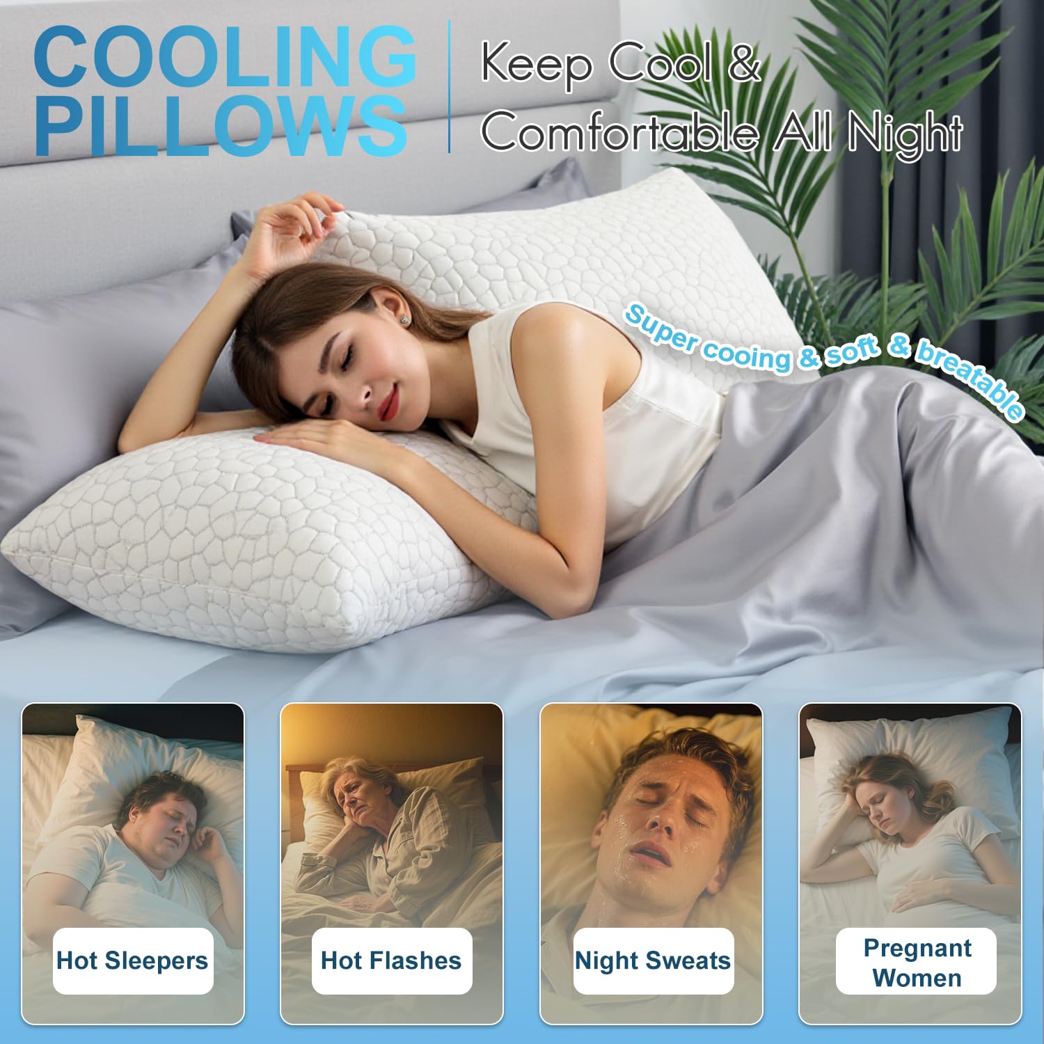 QUTOOL Cooling Pillows for Sleeping 2 Pack, Shredded Memory Foam Bed Pillows Queen Size Set of 2, Cool Gel Pillow for Hot Sleepers Adjustable Firm Pillow for Side, Back and Stomach Sleepers Supportive