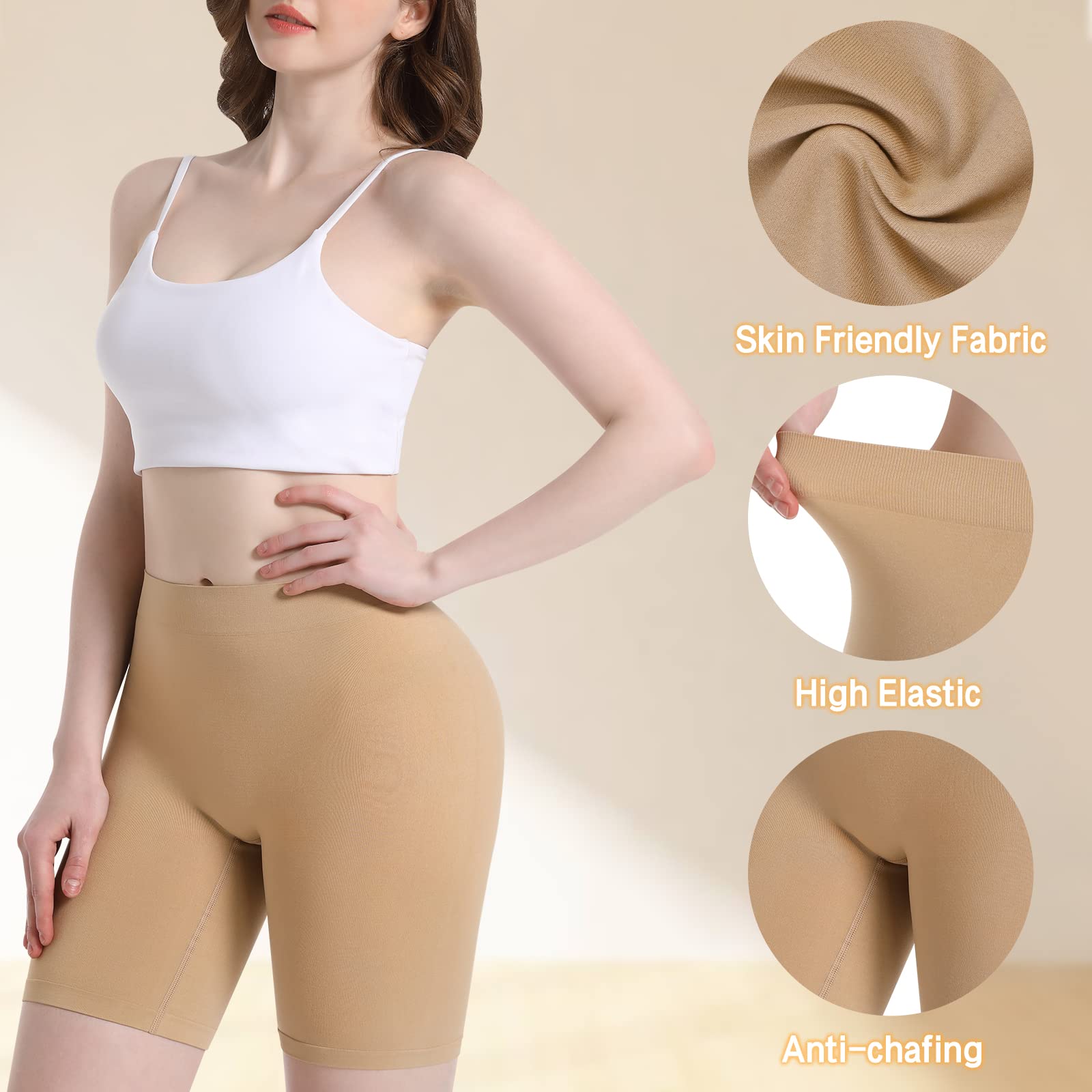 Reamphy 3 Pack Slip Shorts for Women Under Dress,Comfortable Smooth Yoga Workout Biker Shorts(Black+White+Nude,L)