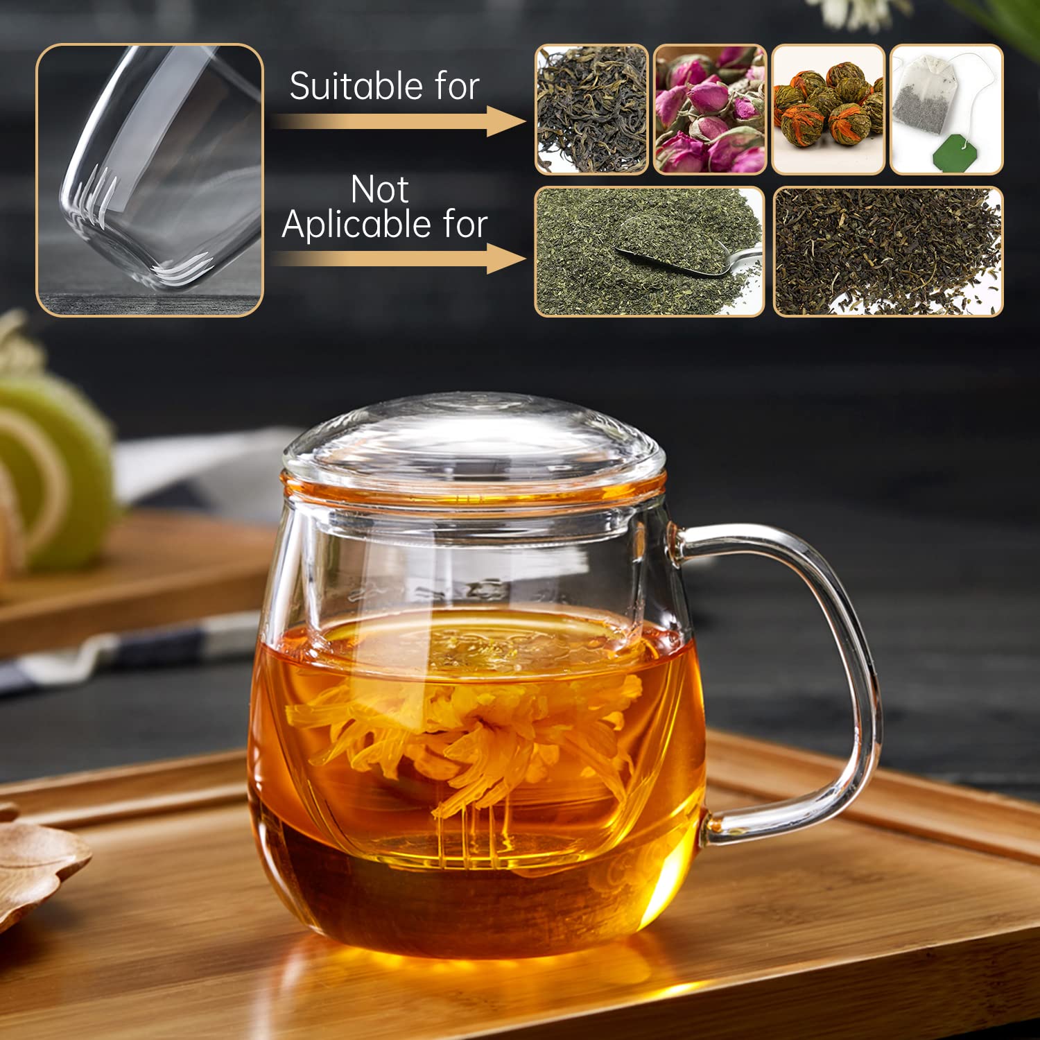 DOPUDO Glass Tea Cup with Infuser and Lid, 17.6oz/520ml Large Borosilicate Teacup,Tea Glass, Clear Mug for Loose Leaf Tea, Blooming Tea, Microwave & Dishwasher Safe - Tea Maker Gift for Birthday
