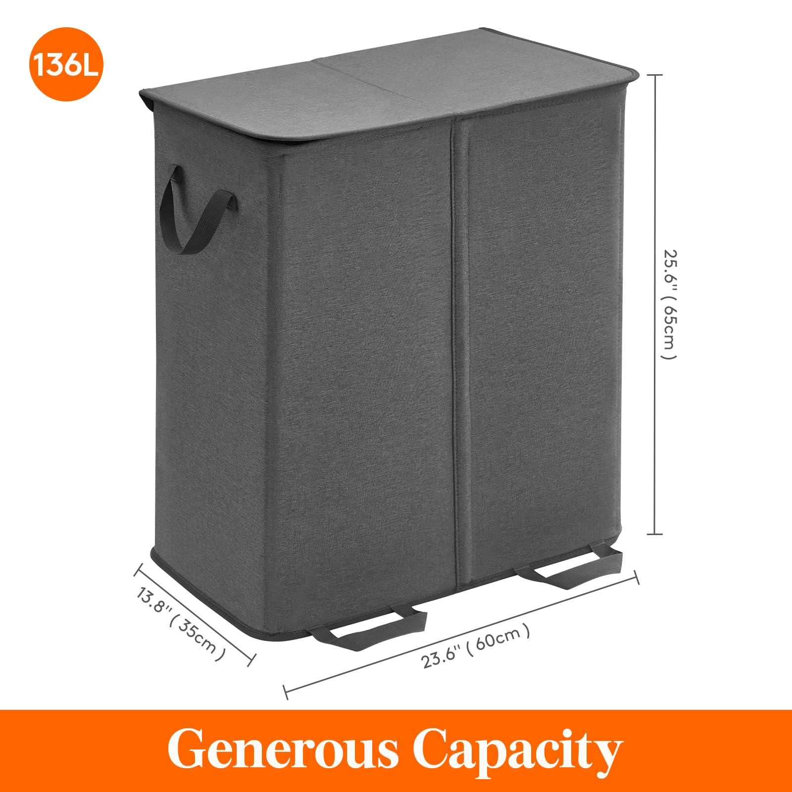 Lifewit Double Laundry Hamper with Lid and Removable Laundry Bags, Large Collapsible 2 Dividers Dirty Clothes Basket with Handles for Bedroom, Laundry Room, Closet, Bathroom, College, 136L Black