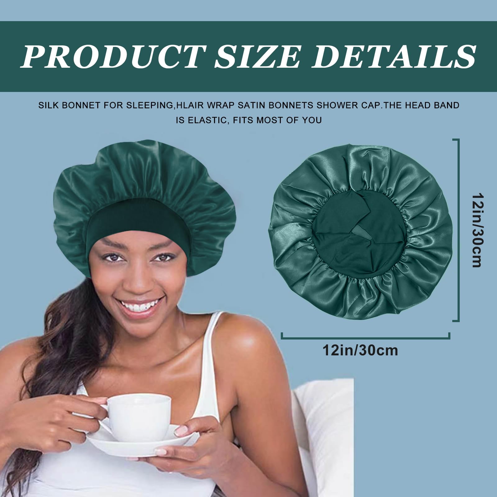 4PCS Silk Satin Bonnets for Black Women & Men - Elastic Wide Band Hair Wrap Cap for Curly Hair - Shower Cap for Sleeping (Black, Peacock Blue, Pink, Khaki)