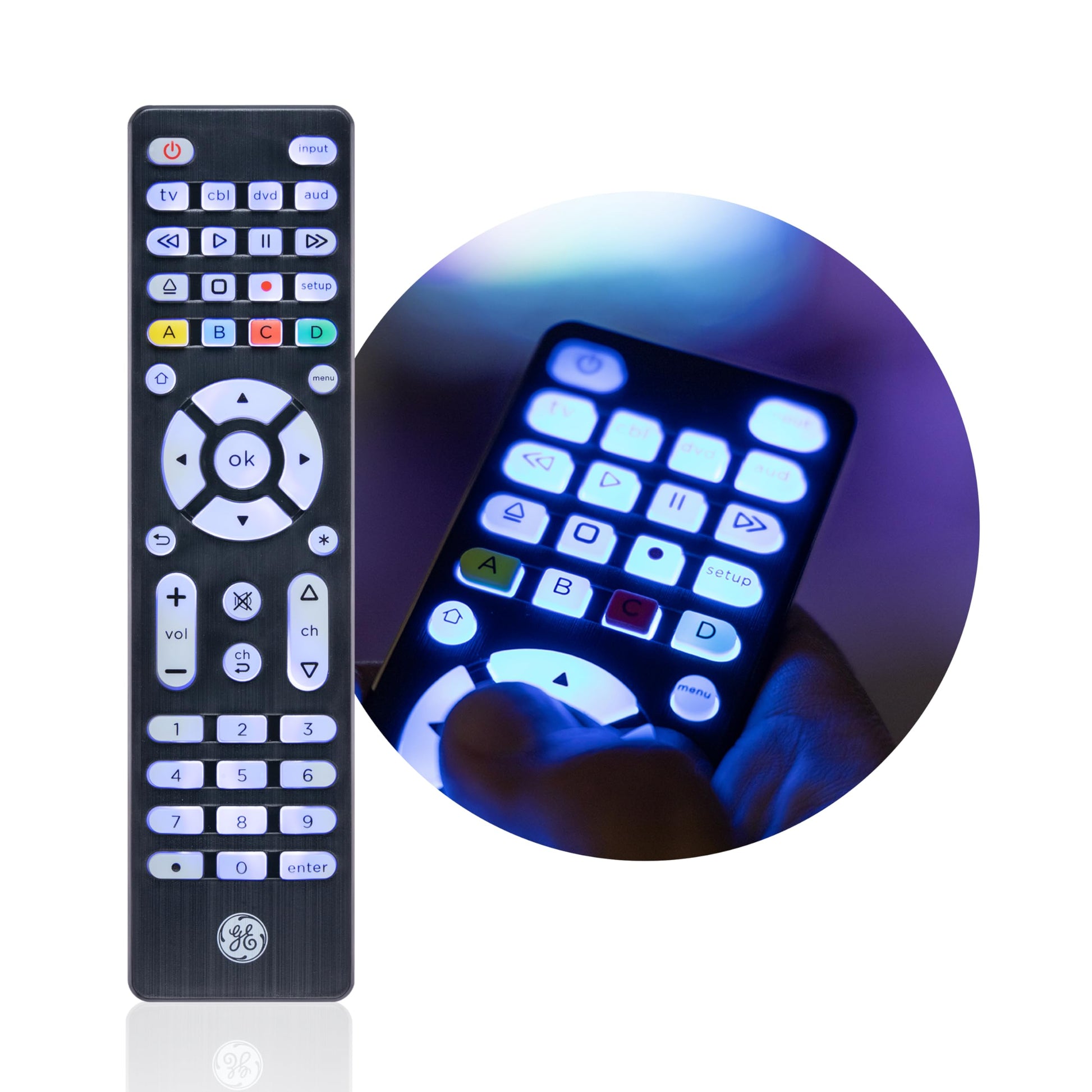 GE Blue Backlit Buttons Universal Remote Control, Samsung TV Remote Control Replacement, Samsung Remote Control for Smart TV, Roku Remote Replacement, Vizio, LG TV, Sony, 4-Device, Brushed Black 48843