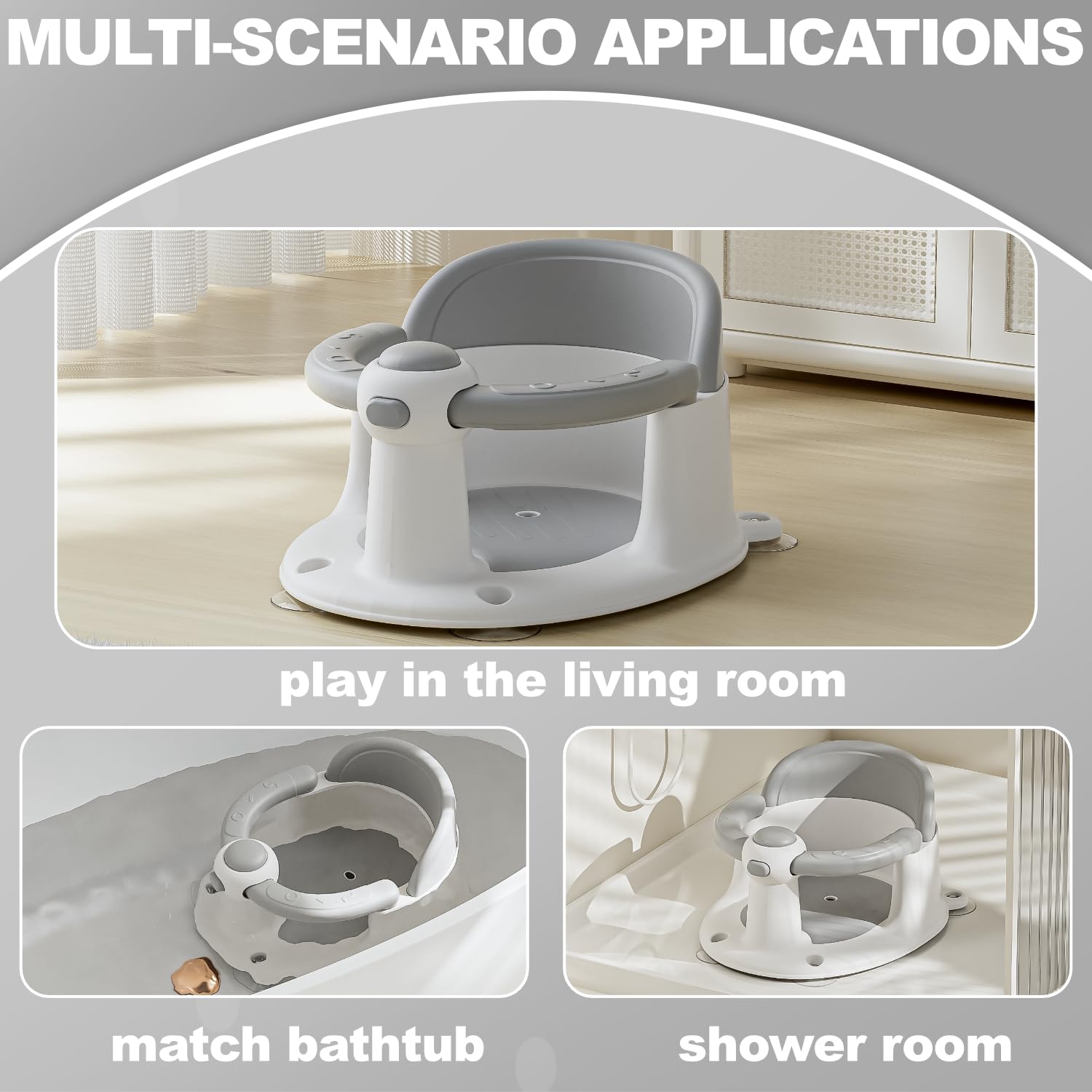 Trankerloop Baby Bath Seat for Babies 6 Months & up, Non-Slip Toddler Bath Seat for Baby & Newborn, Sit Up Bath Seat for Baby,Grey