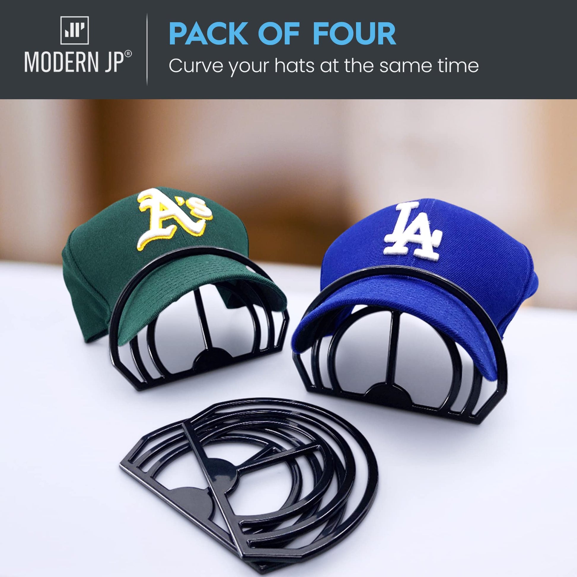 Modern JP Hat Brim Bender (4-Pack) - Perfect Curving Band, Steaming Optional - Convenient Hat Shaper with Dual Bill Bender Slots - USA Patented, Black