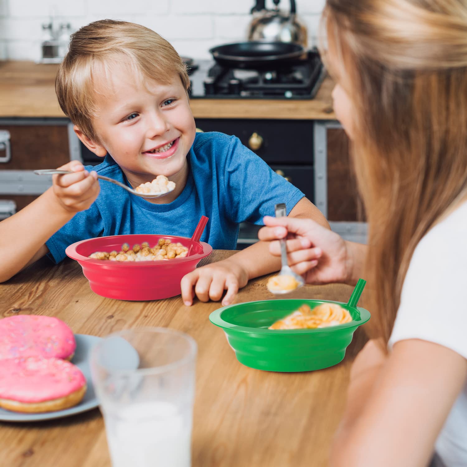 Cereal Bowls with Straws for Kids - (Set of 6 - 20-Ounce Bowls) BPA-Free Plastic Reusable Built-In Straw Bowl for Kids, Children & Toddlers, Dishwasher and Microwave Safe, Includes 3 Cleaning Brushes