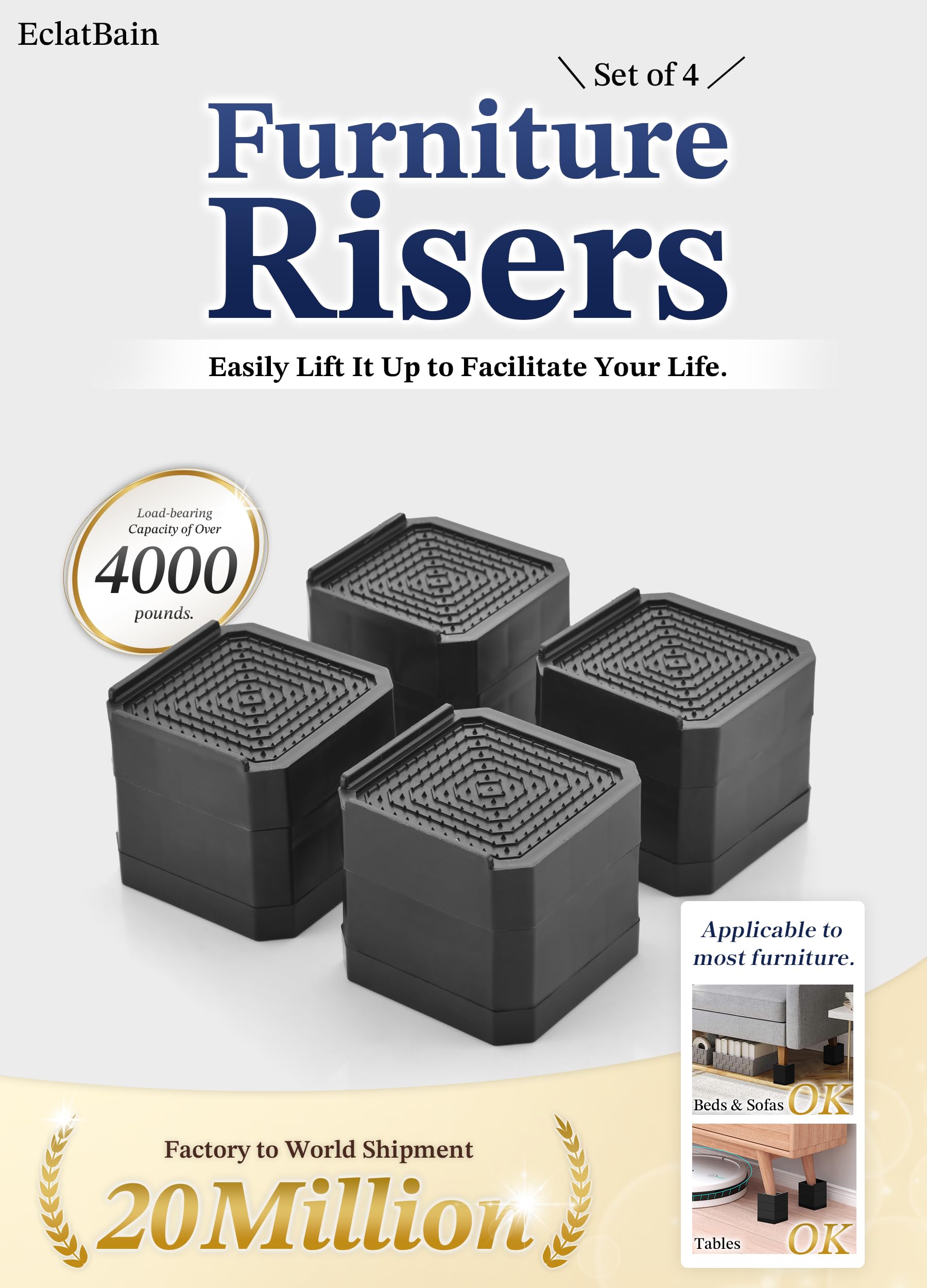 EclatBain Bed Risers Furniture Risers Heavy-Duty Rectangular Adjustable Block Lift to 3 inches and 4.3 inches Desk, Sofa, Chair Legs, Refrigerator, Washing Machine Support up to 4000 pounds
