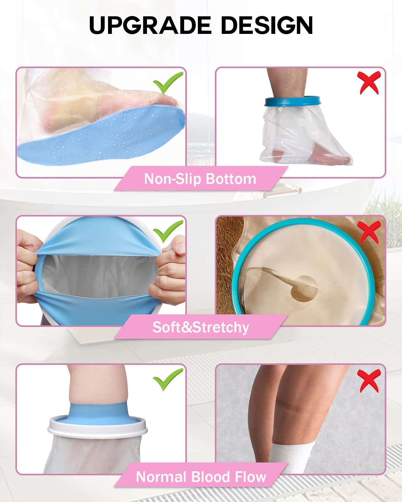 DNEOUXI Waterproof Foot Cover for Shower Adult, Foot Cast Covers with Non-Slip Padding Bottom, Watertight Ankle Foot Cast Protector for Surgery Bandage Dressing Wound, Reusable