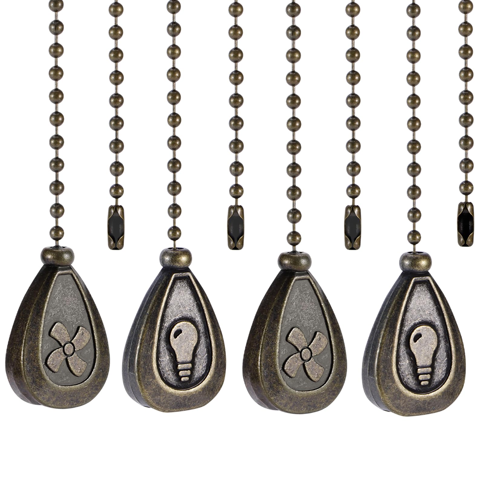 4 Pack Bronzed Ceiling Fan Pull Chain Extension, 12 Inches Classic Drop Shaped Pendant Pull Chains for Ceiling Fans and Lights, Decorative Fan Pulls Extenders with Connector (2 light and 2 fan)