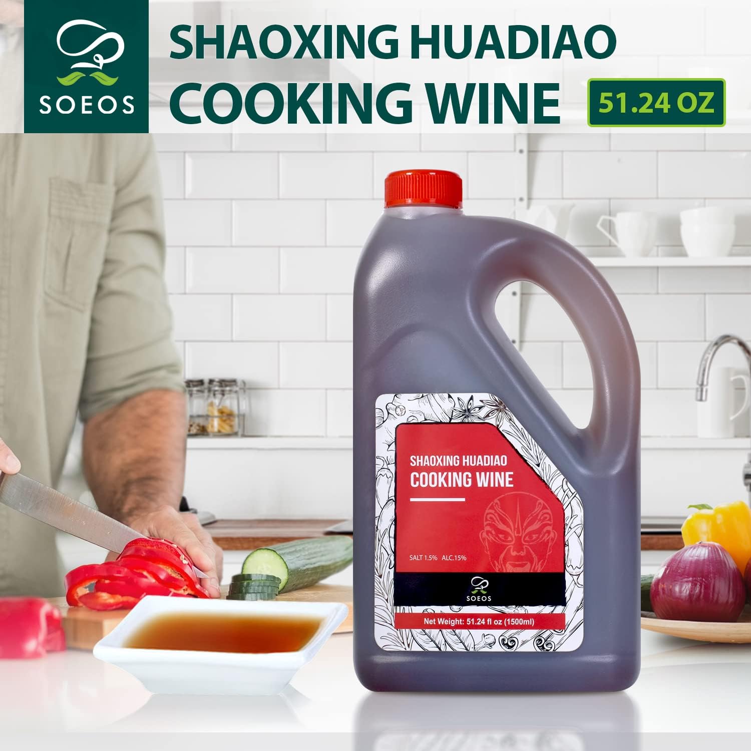Soeos Shaoxing Cooking Wine, 51.24oz (1500ml), Chinese Cooking Wine, Shaoxing Hua Diao Cooking Wine, Premium Cooing Wine for Asian-Style Cooks