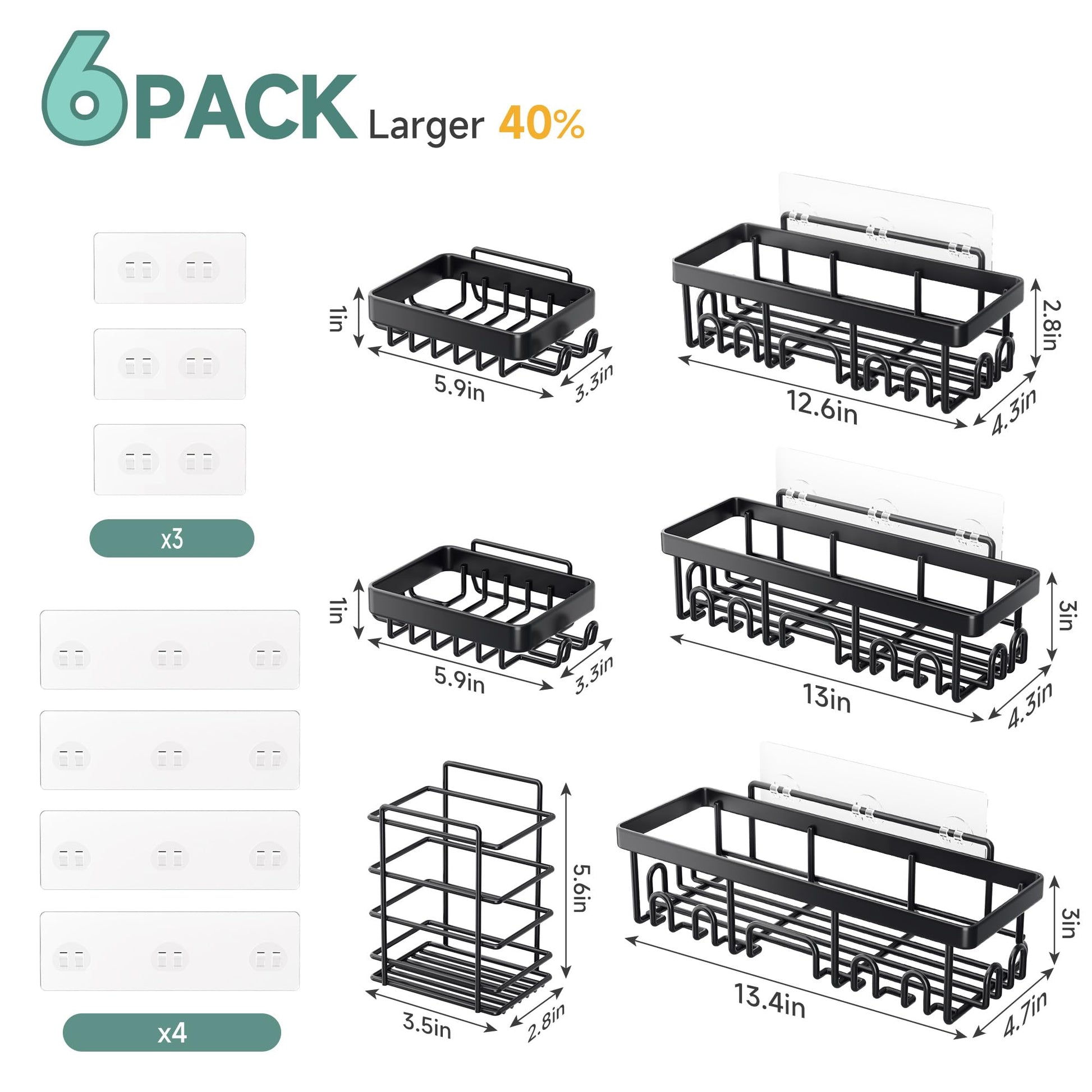 Veken Rustproof & Waterproof Shower Caddy 6-Pack, No Drilling Adhesive Shelves Rack with Soap Holder, Large Capacity Bathroom Organizers and Storage, Wall-Mounted Kitchen & Home Decor