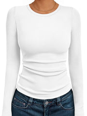 AUTOMET Womens Long Sleeve Fall Fashion Tops Casual Dressy Shirts Business Outfits Blouses Ribbed Knit Basic Tshirts Trendy Cute Workout Clothes White M