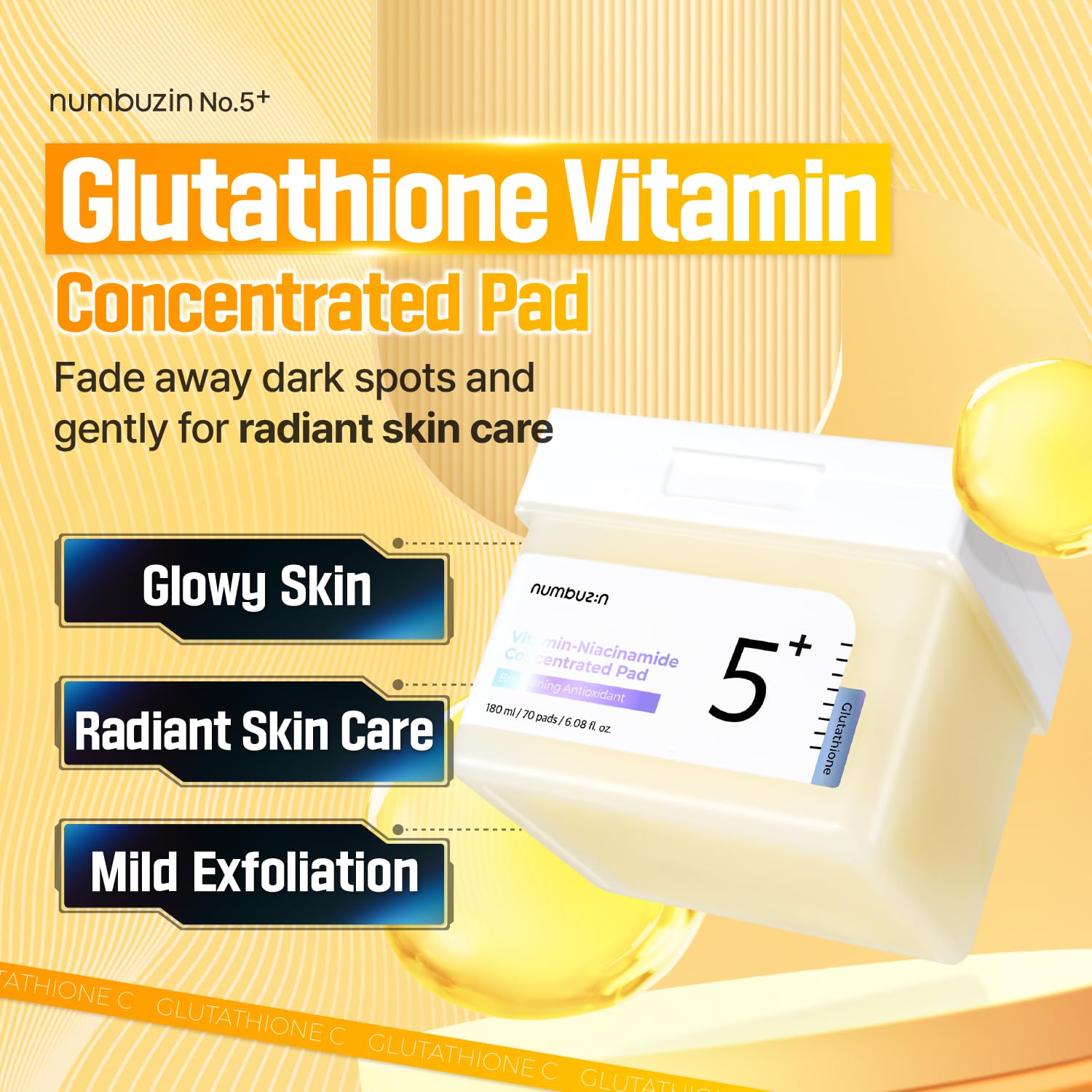 numbuzin No.5 Toner Pads | Vitamin-Niacinamide Concentrated Pad | Double-Sided | Glutathione, Niacinamide, PHA & LHA | Exfoliation, Hyperpigmentation Care | 70 Pads/180 ml