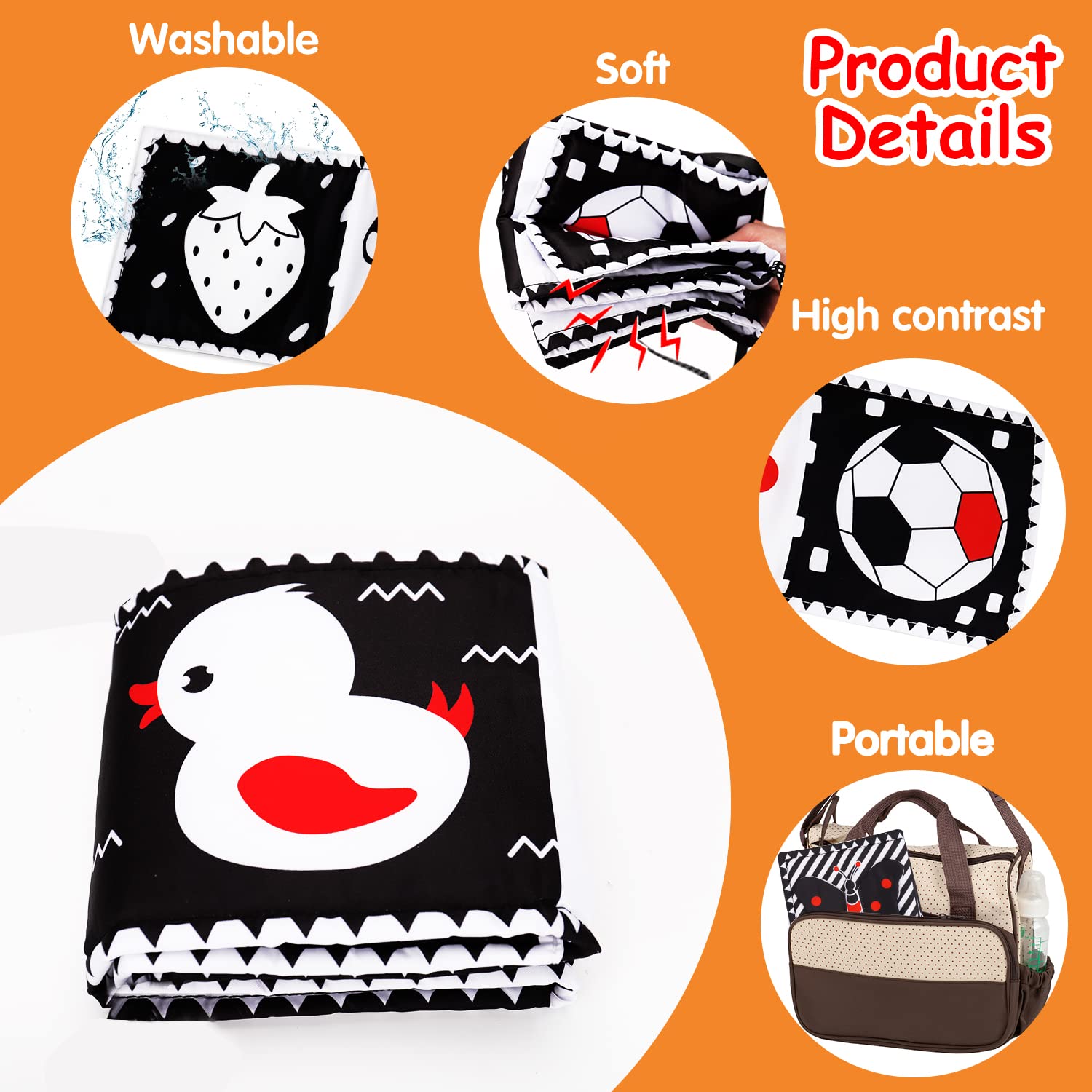 Thremhoo Black and White High Contrast Baby Toys 0-6 Months Soft Book for Brain Development, Tummy Time, Sensory, Montessori Learning Activities