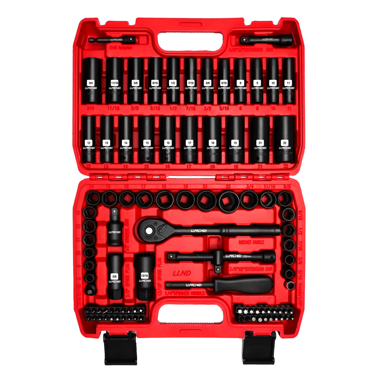 LLNDEI 3/8"Drive Impact Socket Set,Standard SAE(5/16 to 3/4-Inch) Metric Size(8-22mm), 95 Piece, CR-V Steel Deep&Shallow Kit, Adapters, Ratchet Handle, Screwdriver Bit Set, Spark Plug Socket, 6 Point