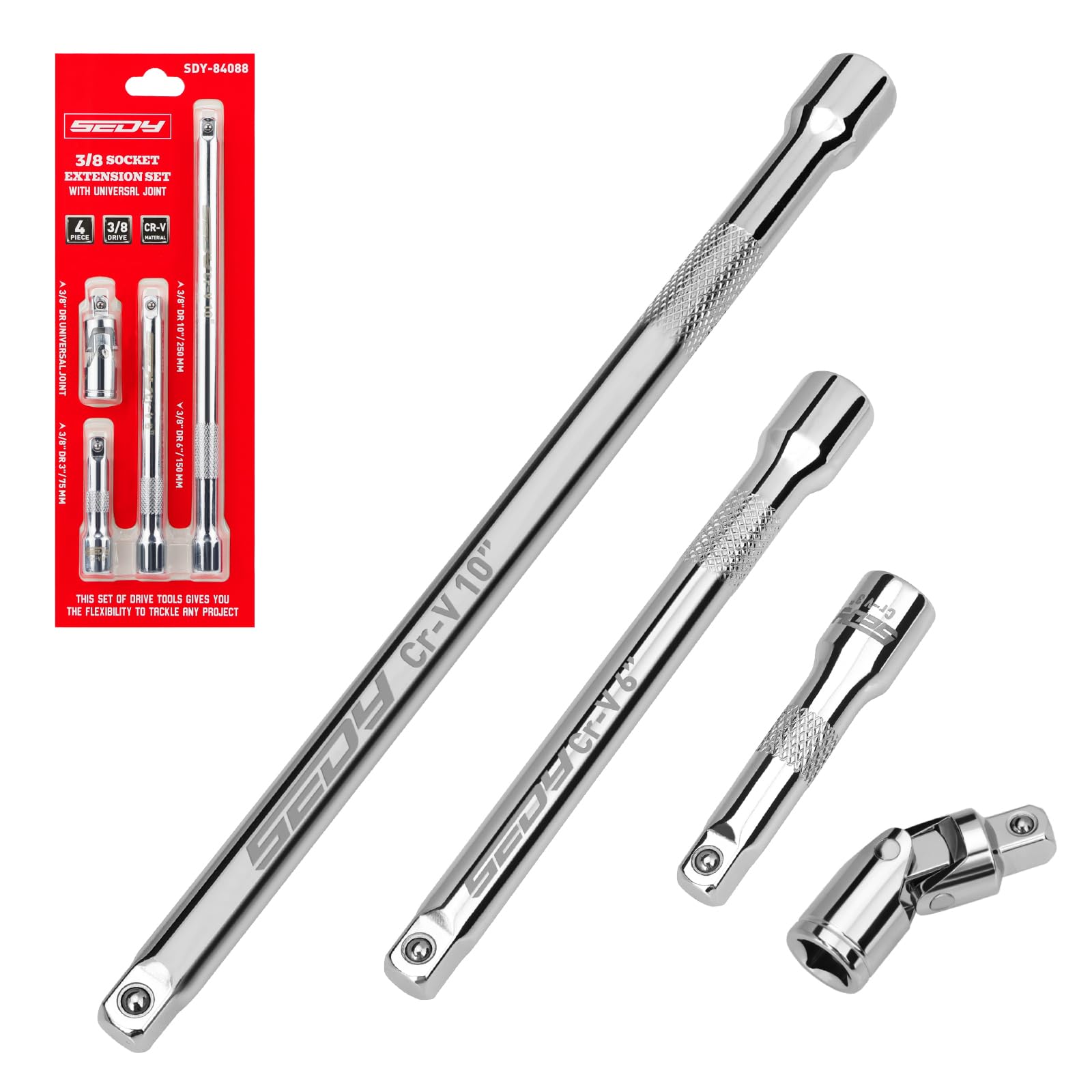 4-Piece 3/8" Drive Socket Extension Bar Set, Professional Socket Extension Set Include 3, 6, and 10 Inch Extensions and 3/8 Inch drive Universal Joint Sockets, Premium Cr-V Steel Construction