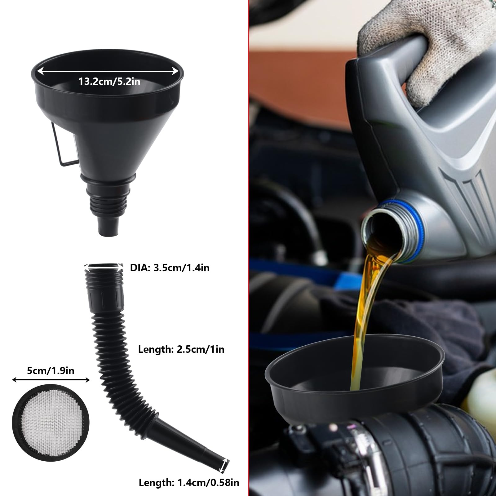 10 Pcs Automotive Funnels Set, Wide Mouth Fuel Funnels, Plastic Long Neck Oil Flexible Right Angle Funnelss, with Detachable Spout and Filter, Plastic Funnel Set for Water/Gasoline/Coolant/Engine Oil