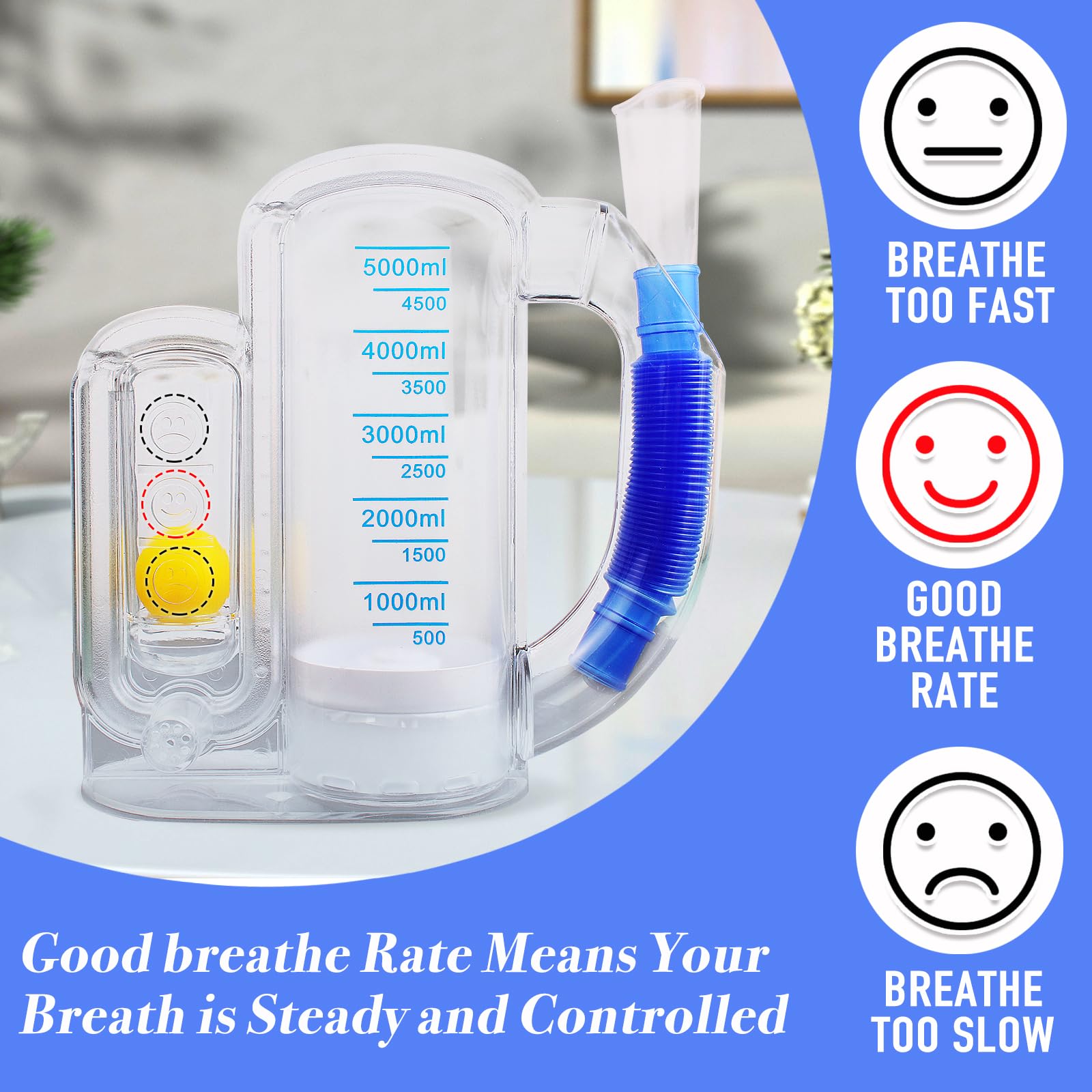 Incentive Spirometer Adult,Breathing Exercise Device for Lungs,Deep Breathing Trainer for Children and Adult,5000ml Volume Measurement with Flow Rate Indicator.