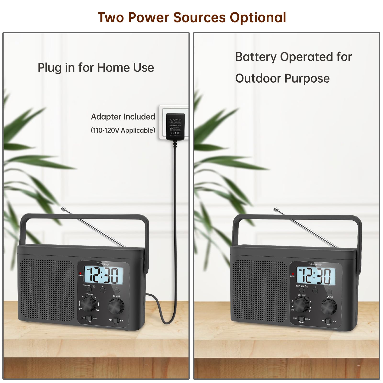 DreamSky AM FM Radio Portable - Shortwave Radio Battery Powered or Plug in Wall for Home Outdoor, Strong Reception, Large Dial Easy to Use, Digital Time Display, Transistor Antenna, Seniors Small Gfit