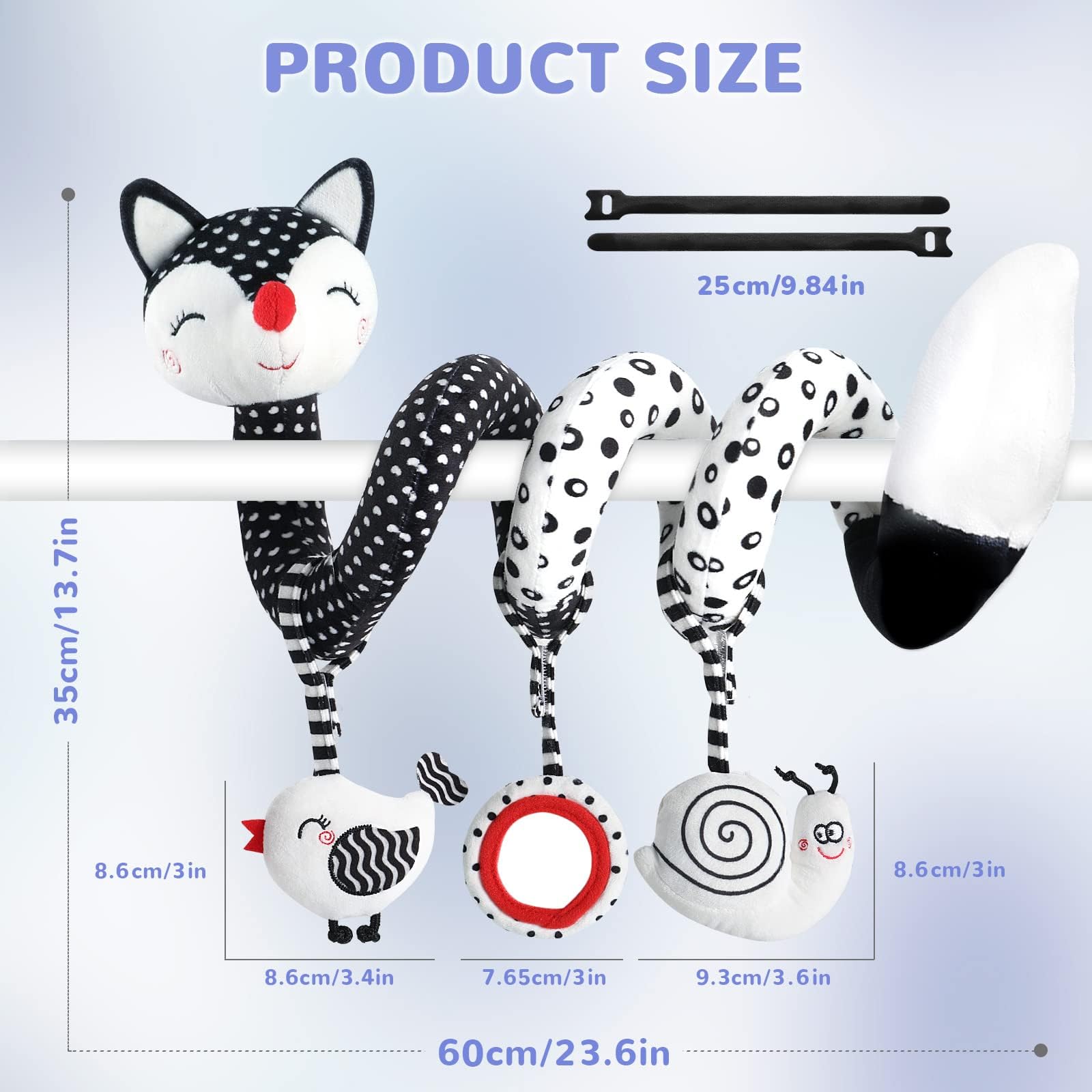 XIXILAND Baby Spiral Plush Toys, Black and White Baby Car Seat Toys, High Contrast Infant Newborn Toy 0-6 Months for Stroller Crib Mobile, Sensory Toy Best Gift for 0 3 6 9 12 Months Boys Girls