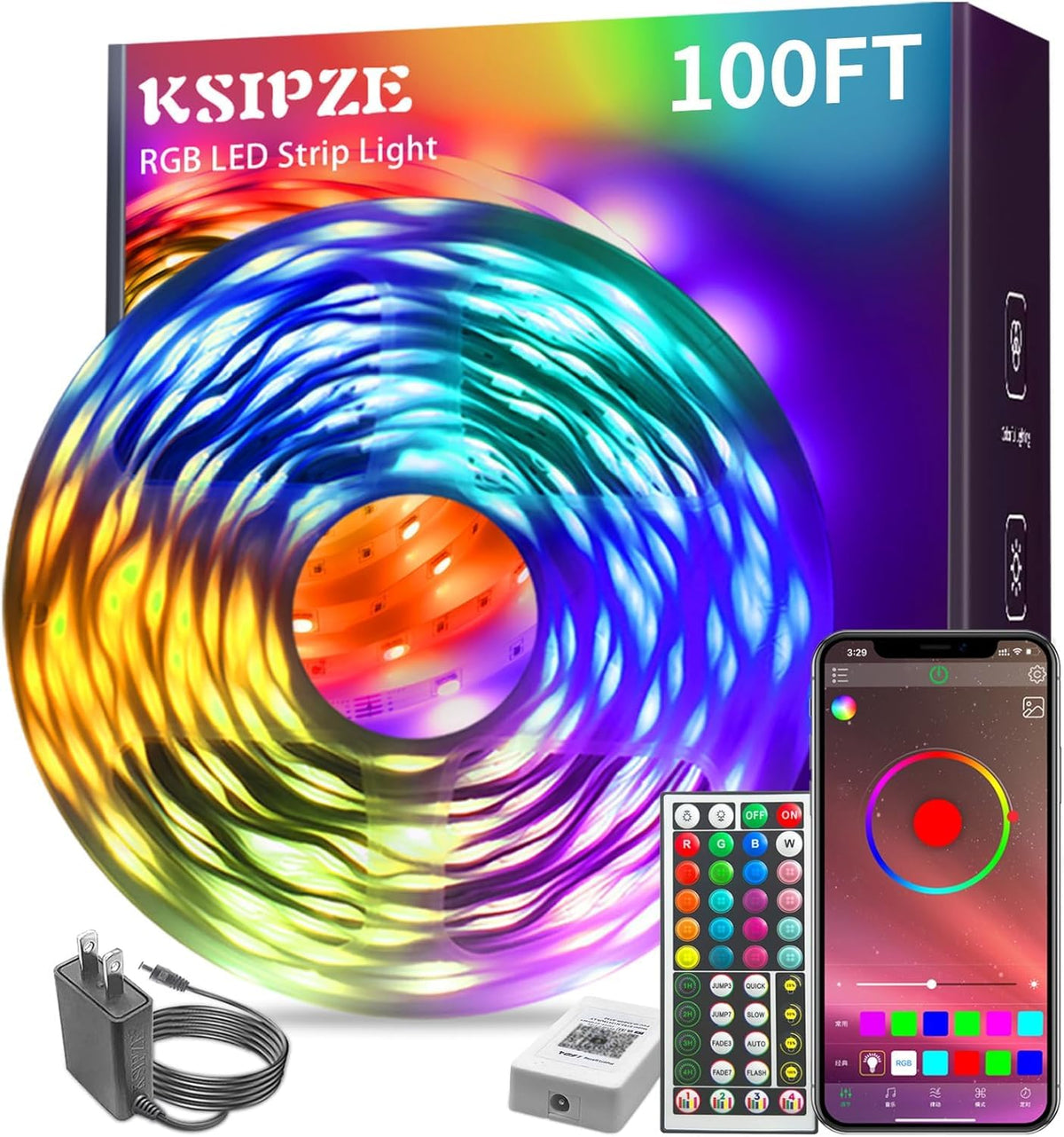 KSIPZE 100ft Led Strip Lights RGB Music Sync Color Changing Bluetooth Led Lights with Smart App Control Remote Led Lights for Bedroom Room Lighting Flexible Home Decor