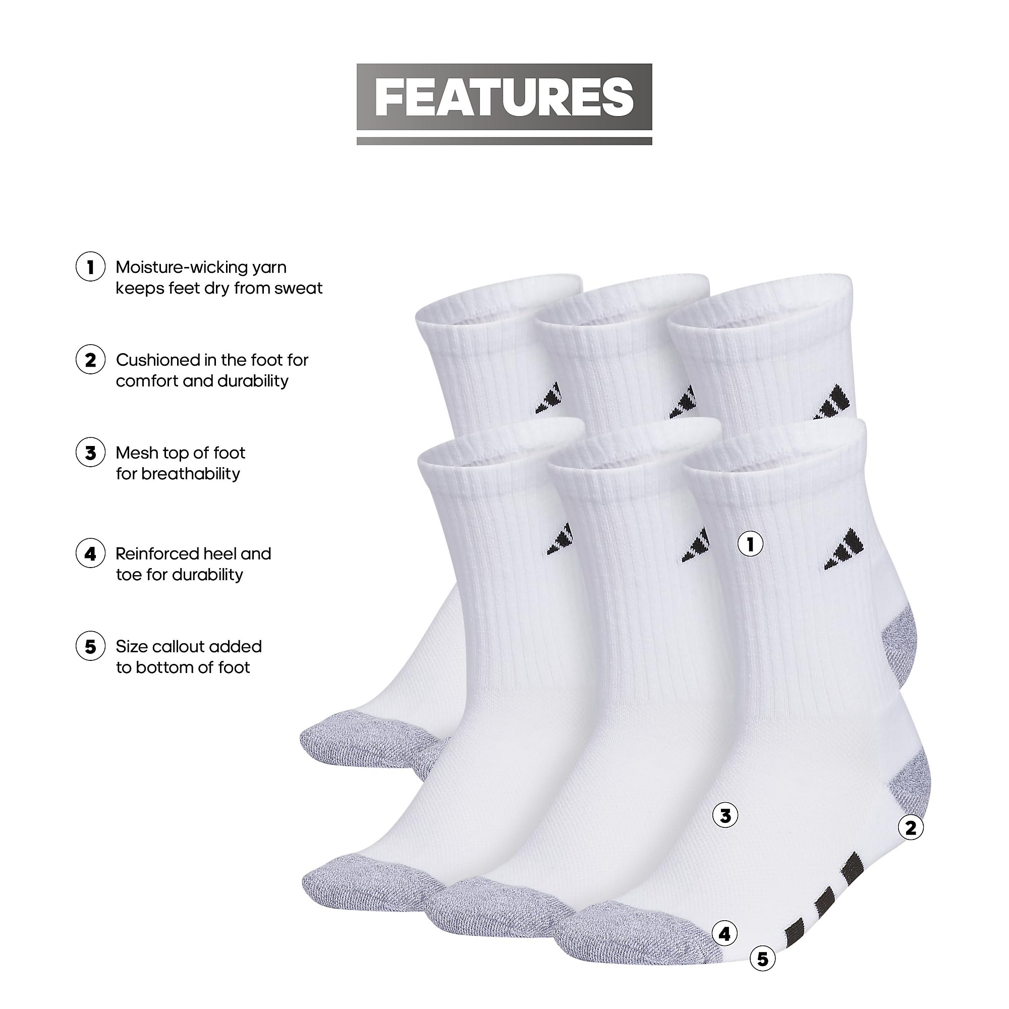 adidas Unisex Kids Crew Socks for Boys and Girls Youth (6-Pack) Athletic Cushioned and Comfortable, Tall Mid-Calf