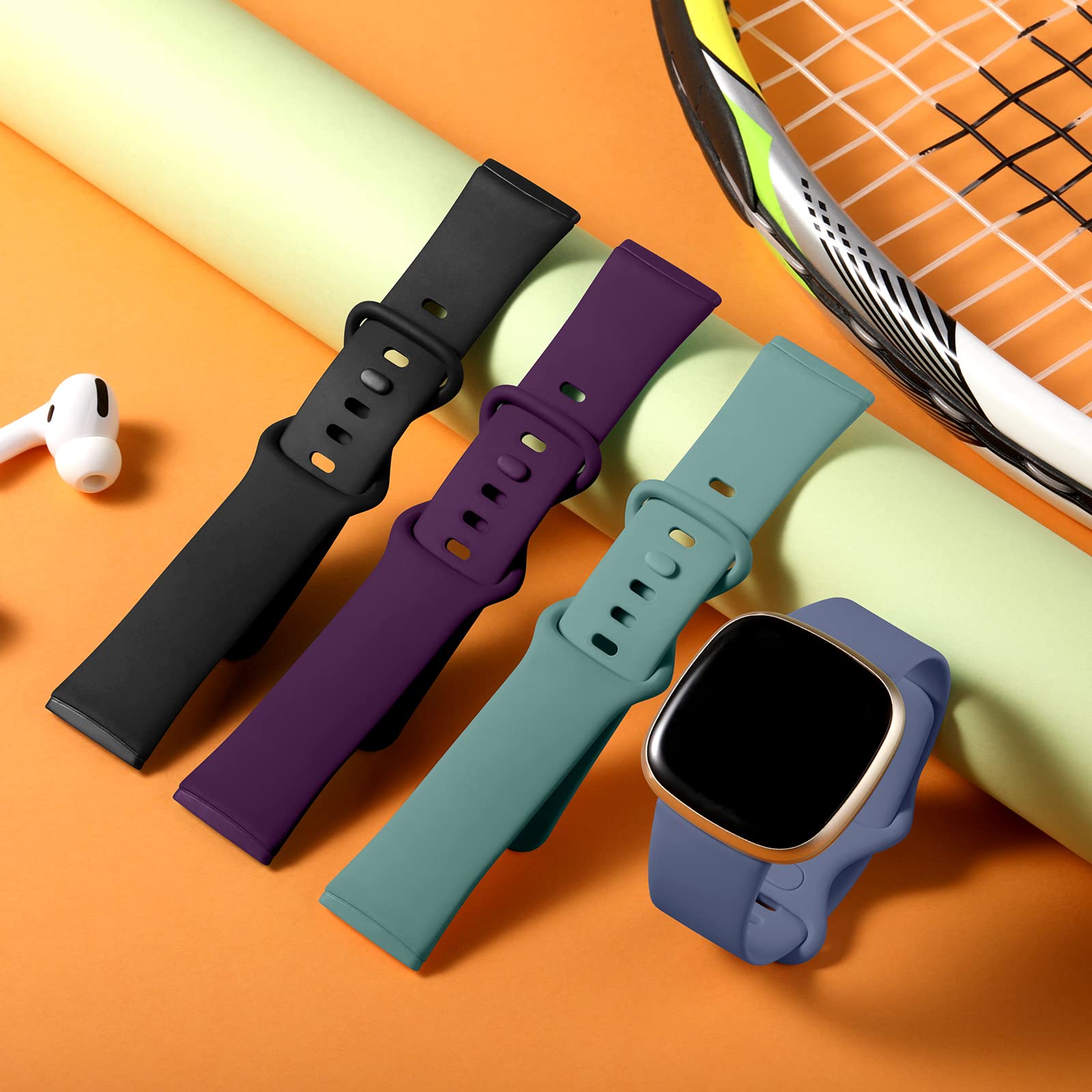 Dirrelo Bands Compatible with Fitbit Sense/Versa 3 / Versa 4 / Sense 2, Soft TPU Sport Strap Band, Replacement Wristband for Women Men, 4Pack Small, Black Modena Bluegrey Pinegreen
