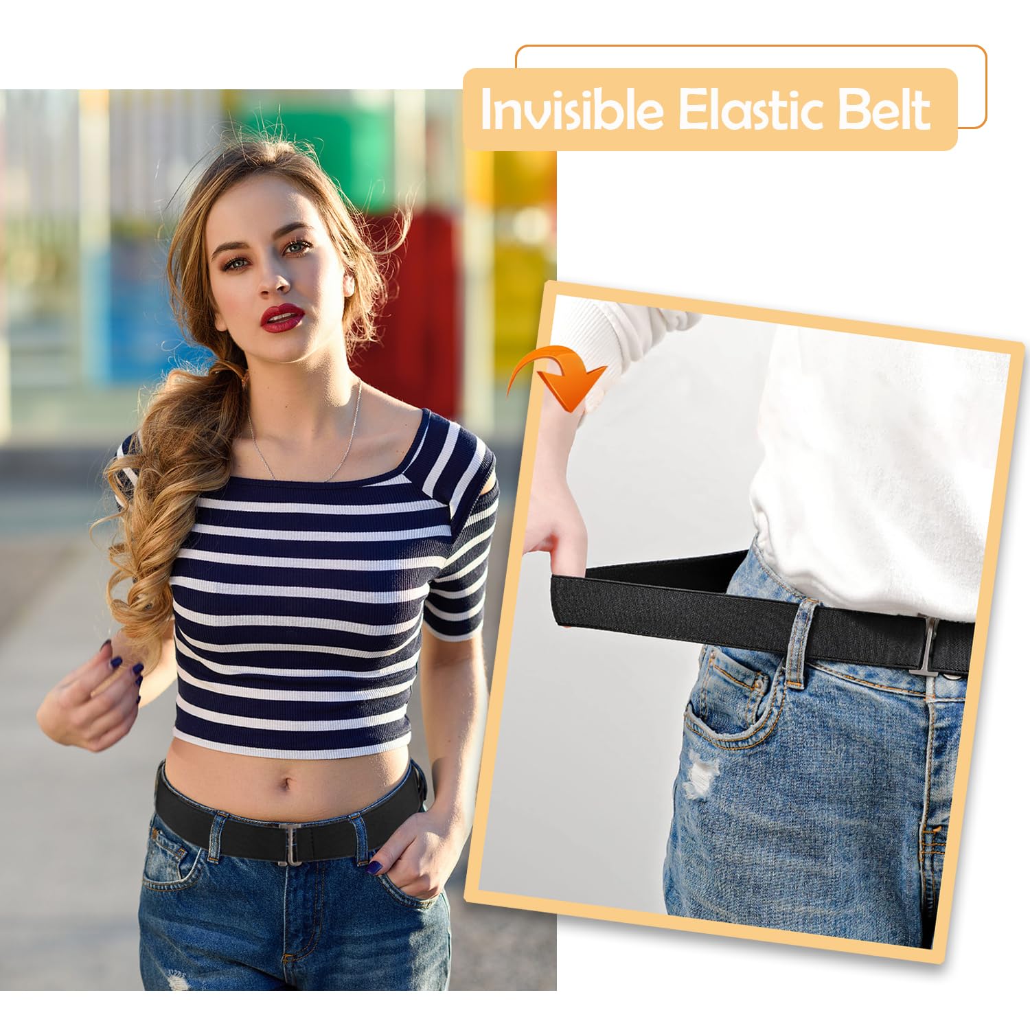 HAWOWZ 2Pcs No Show Stretch Belt for Women Invisible Elastic Belt Stretch, Adjustable Strap Belt with Flat Buckle for Jeans Pants Dresses
