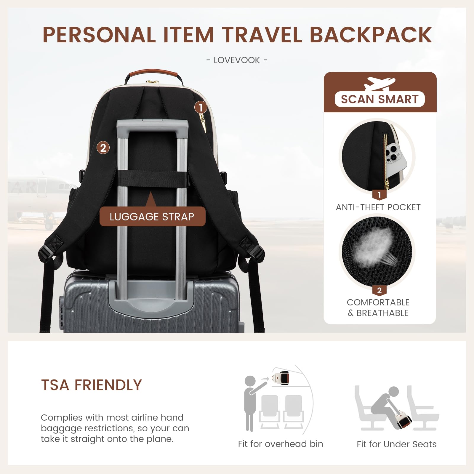 LOVEVOOK Laptop Backpack for Women with Pouch Pocket for Large Capacity Cup,15.6 Inch Laptop Computer Bag Travel Backpack Purse,Waterproof Work Business Backpack College Teacher Bags,Beige-Black-Brown