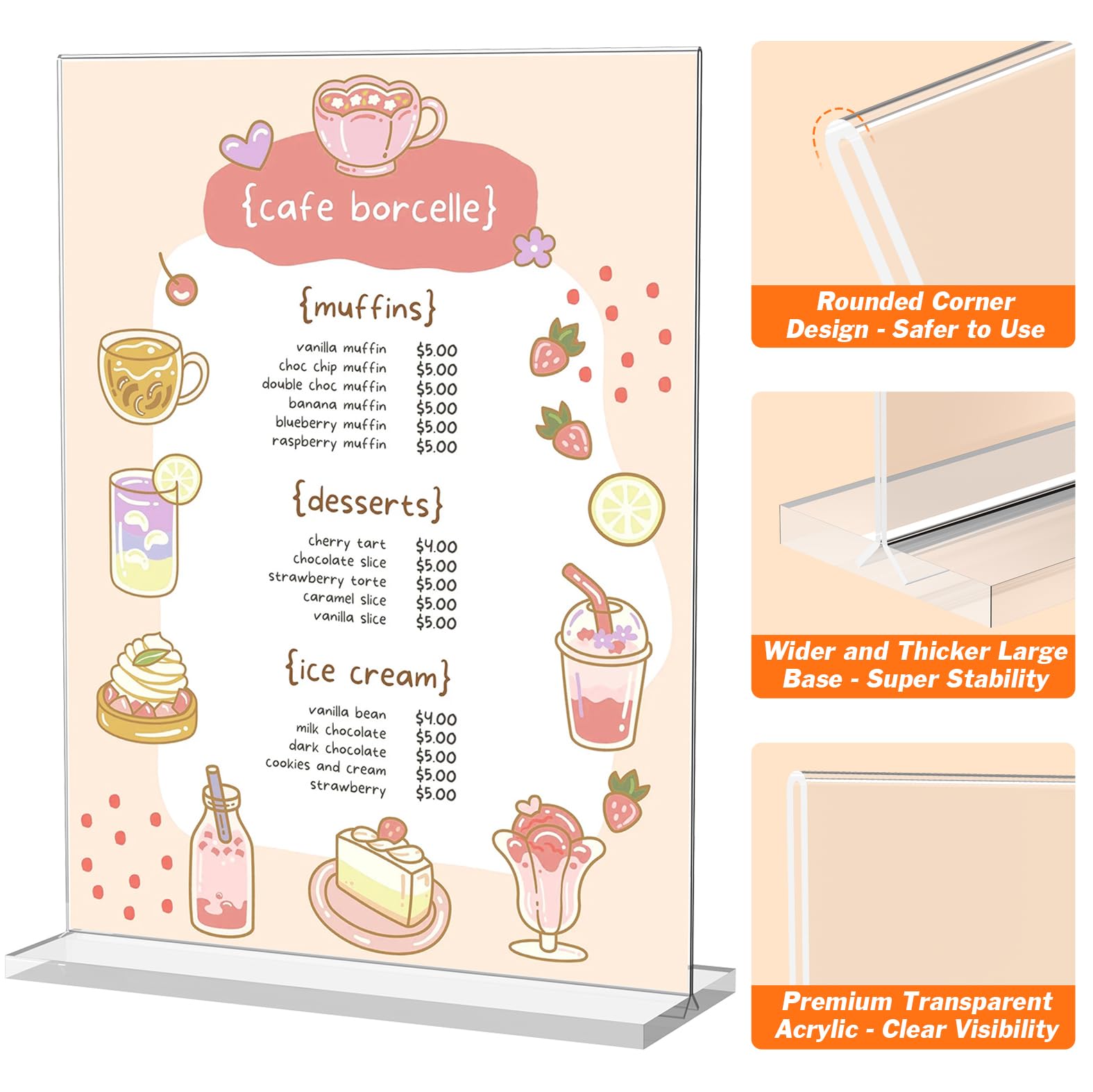 3 Pack Acrylic Sign Holder 8.5 x 11 Inches, Clear Menu Stand, Vertical Flyer Display, Table Paper Holder, Desk Brochure, Plastic Sign Display for Restaurants, Office, Store