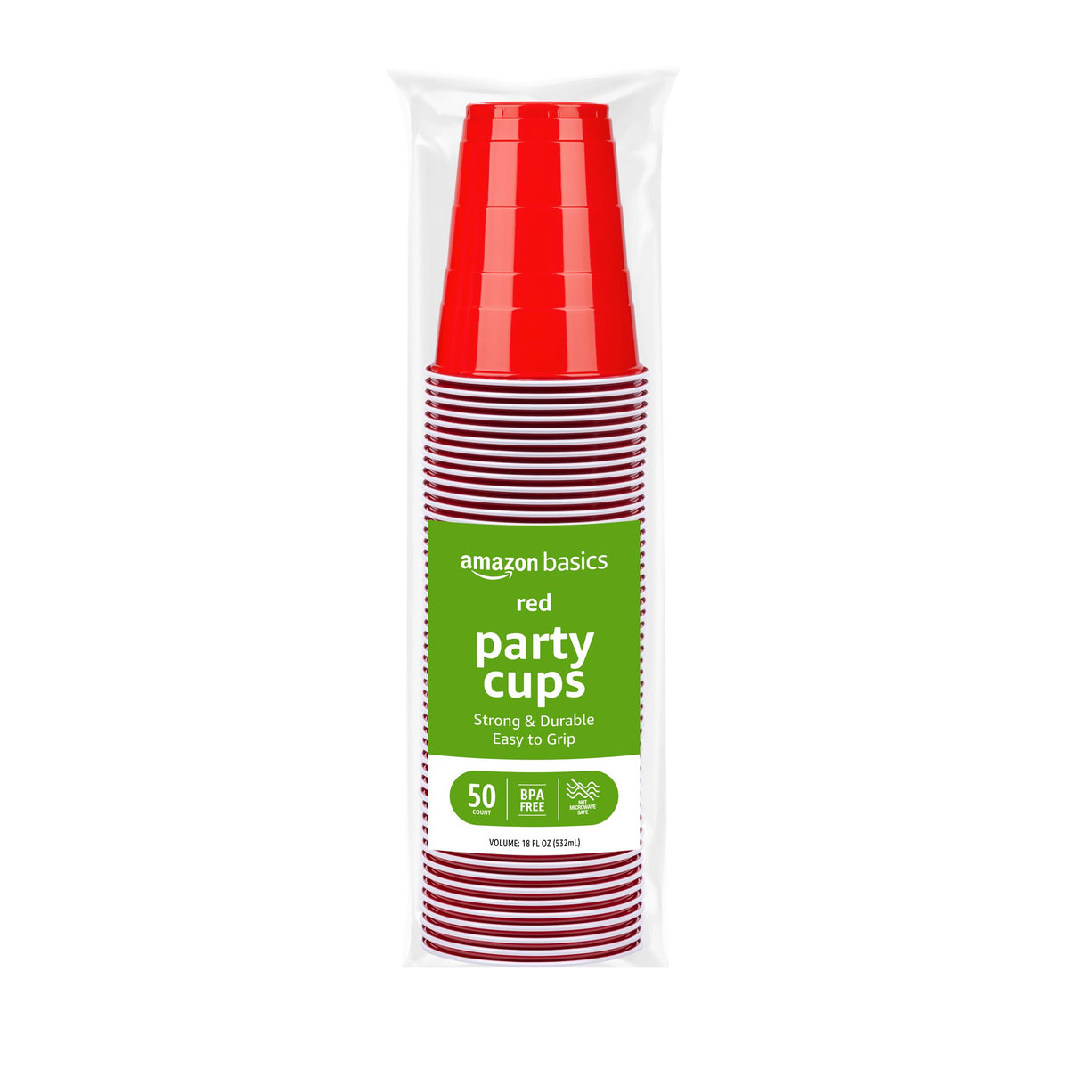 Basics Disposable Plastic Party Cups, Red, 18oz, 50 Count