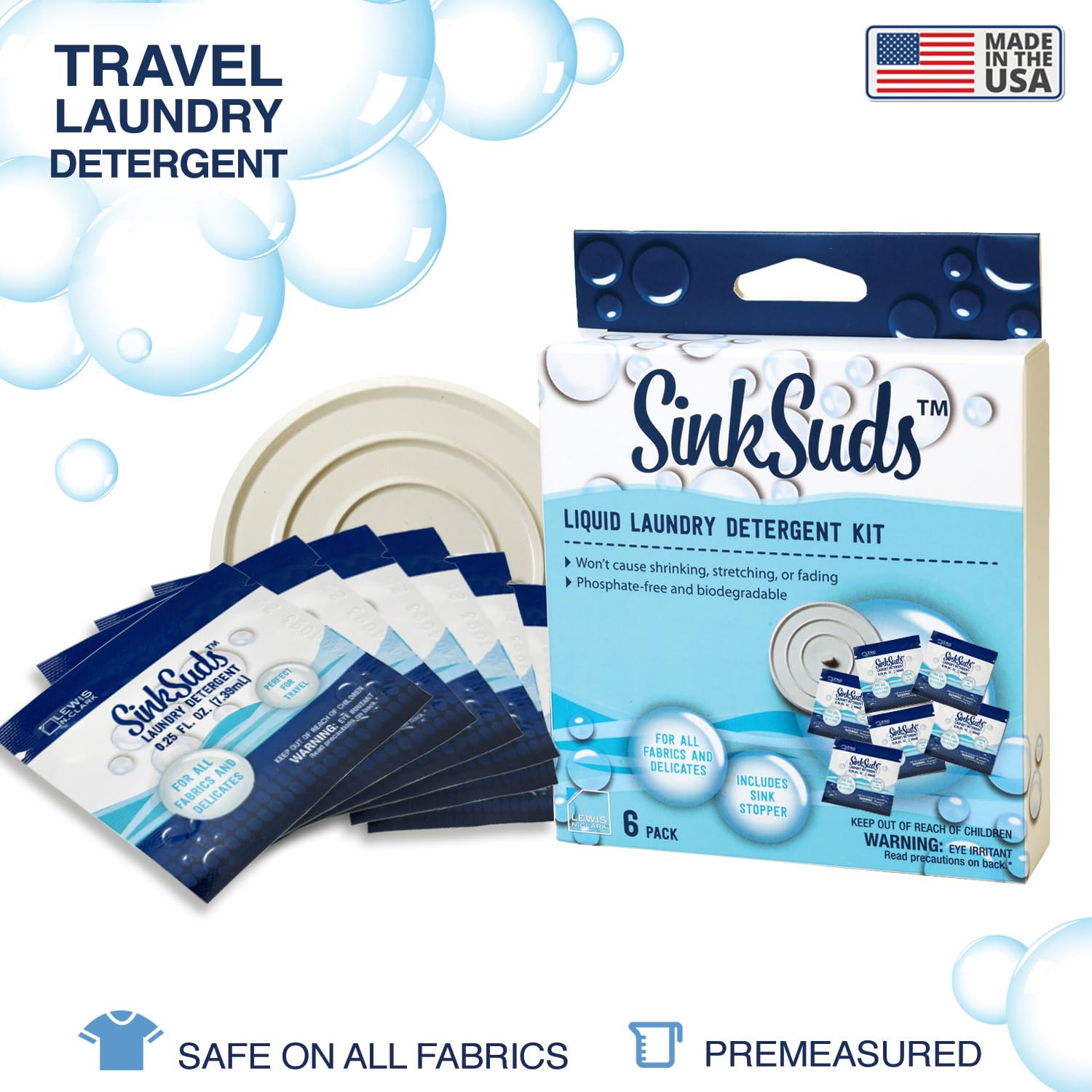 SinkSuds Laundry Detergent Travel Size Liquid Soap TSA Compliant Safe for All Fabrics 6 Packets & 1 Sink Stopper