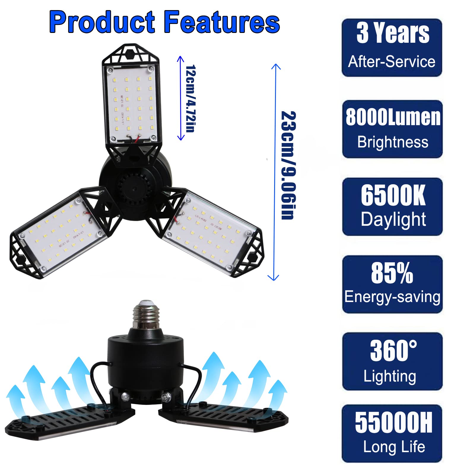 LED Garage Light, 80W 8000 Lumen Ceiling Lights with 3 Adjustable Panels, 6500K Daylight Light Bulb Fixture LED Lights for Garage, Workshop