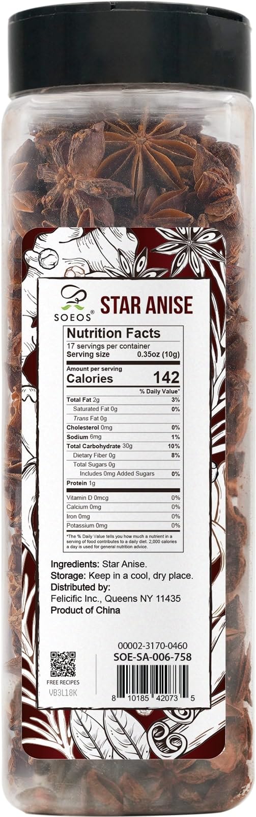 Soeos Star Anise, Star Anise Whole, Ainsie Seeds for bakeing and tea 6oz (170g)