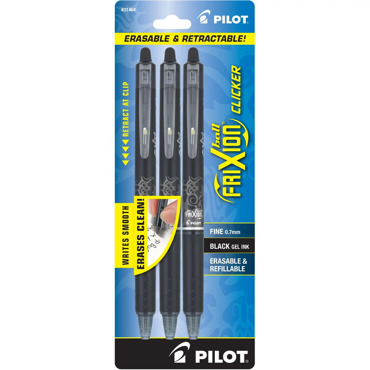 PILOT FriXion Clicker radierbare, nachfüllbare und versenkbare Geltintenstifte, feine Spitze, schwarze Tinte, 3er-Pack (31464)