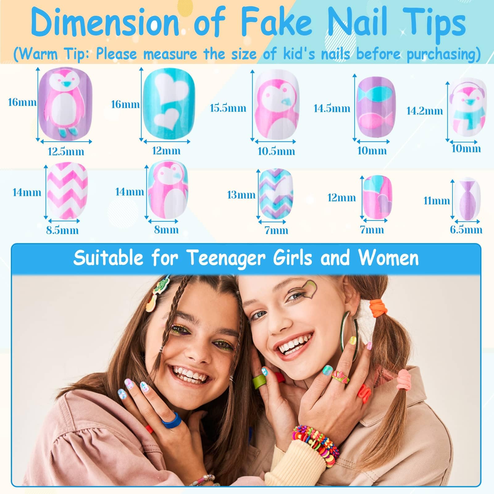 144 Pieces Press on Nails Grils, Thrilez Children Fake Artificial False Nail Tips Pre Glue Full Cover Short Acrylic Nails for Girls Kids Nail Art Decoration (Rainbow Sky)
