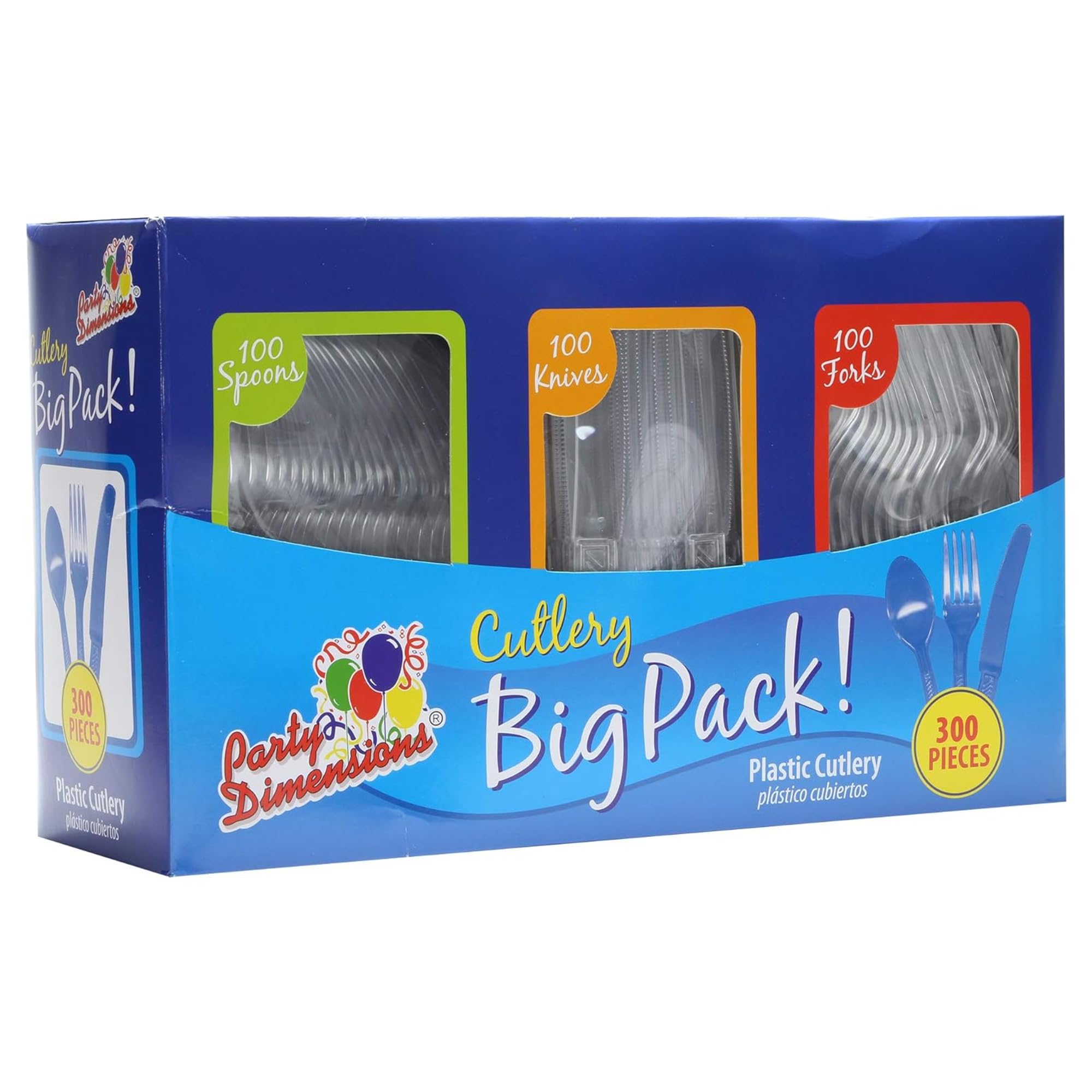 Party Dimensions 300 Count Plastic Cutlery Combo Box, Disposable Clear Plastic Silverware Utensils Set, 100 Forks, 100 spoons, 100 knives