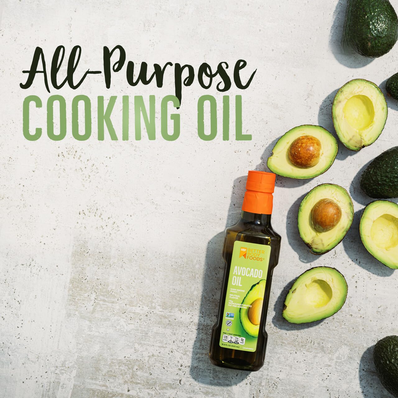 BetterBody Foods Refined Avocado Oil, Non-GMO Cooking Oil, Kosher, Keto and Paleo Diet Friendly, Frying, Baking, Avocado Oil, 500 mL, 16.9 Fl Oz