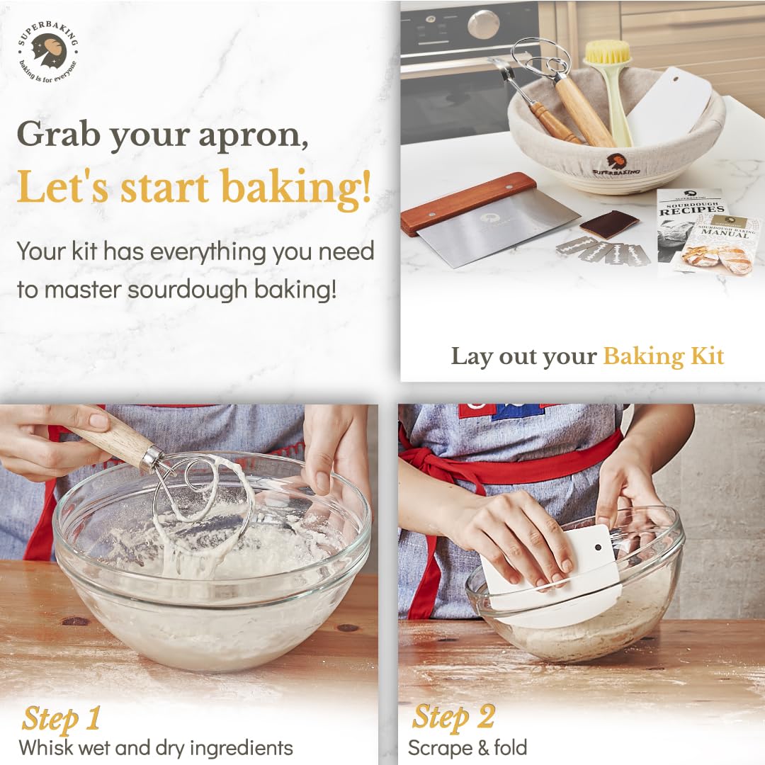 Superbaking Banneton Bread Proofing Basket, Sourdough Bread Baking Supplies, Round 9 Inch Sourdough Starter Kit, Proofing Basket for Baking, Bread Making Supplies Tools, Banneton Basket Gift Set