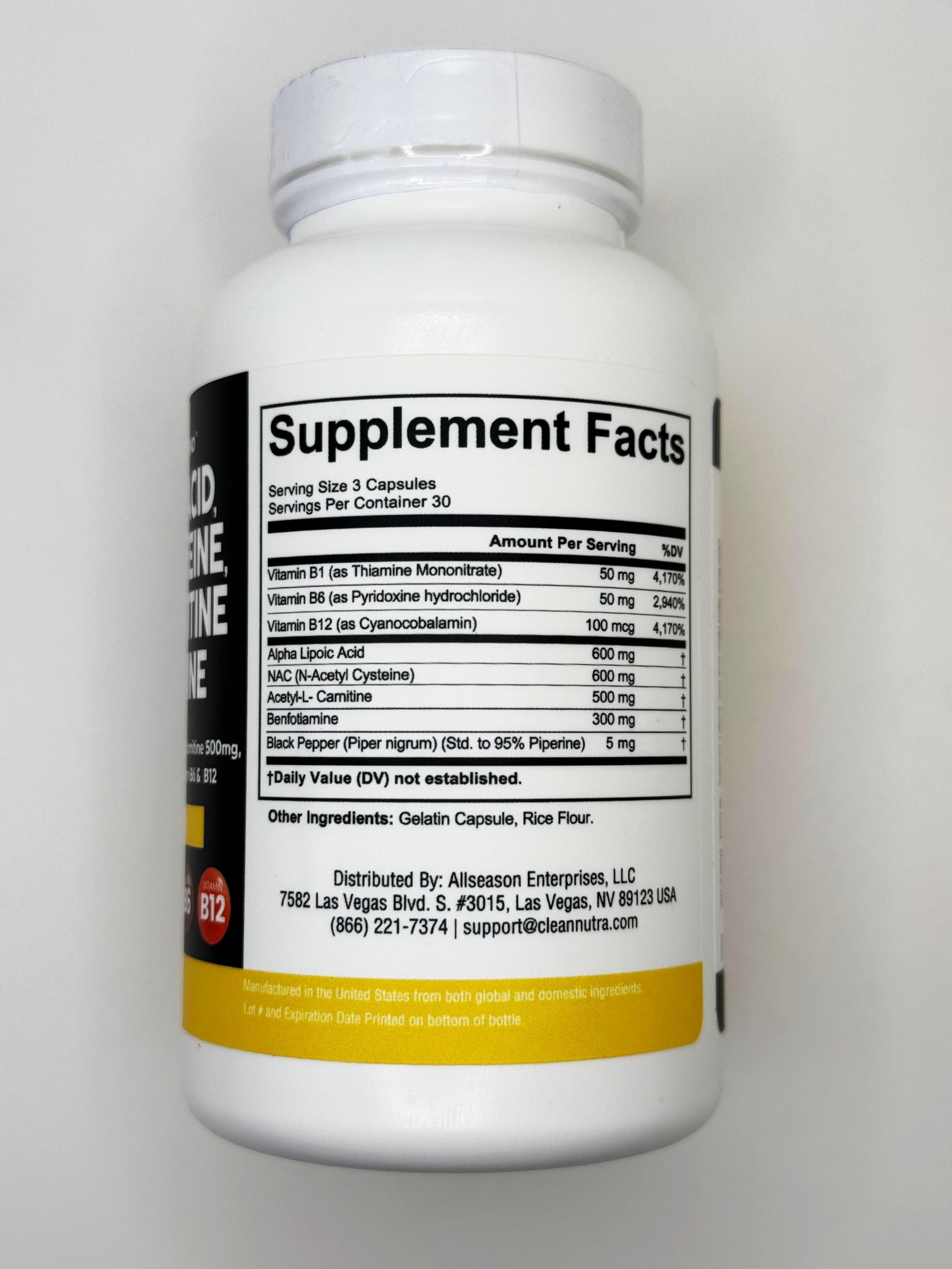 Alpha Lipoic Acid 600mg N-Acetyl Cysteine 600mg Acetyl L-Carnitine 500mg Benfotiamine 300mg - Nerve Support Supplement for Women and Men with Vitamin B1, B6 & B12 - Made in USA 90 Caps