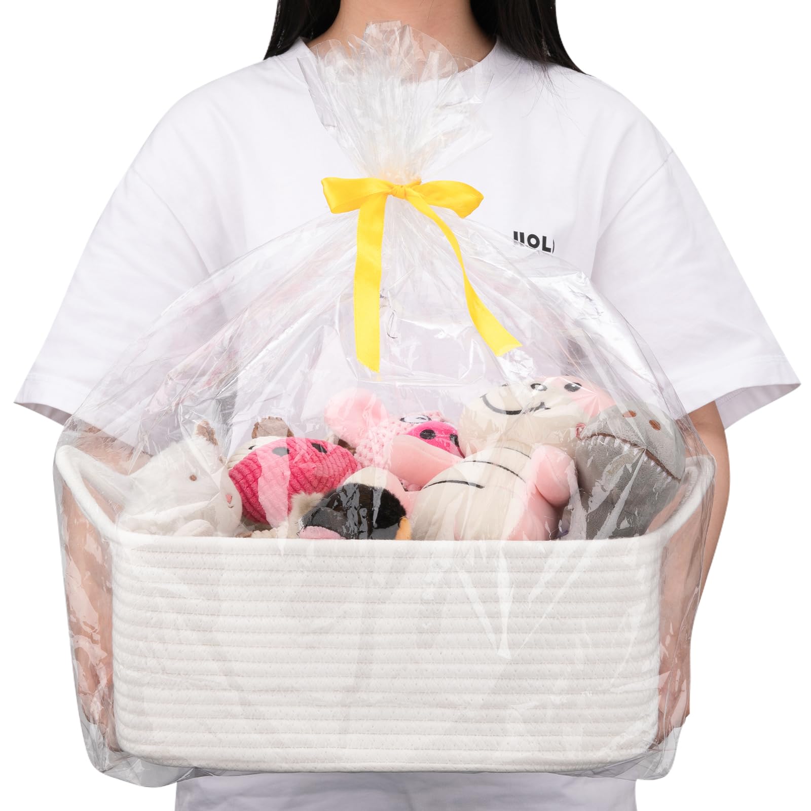 OIAHOMY Woven Basket, Gift Basket Empty with Gift Bags and Ribbons, Rope Baskets for Baby Showers,Halloween, Storage Baskets with Handles for Nursery, Pet Toy Organizer - White