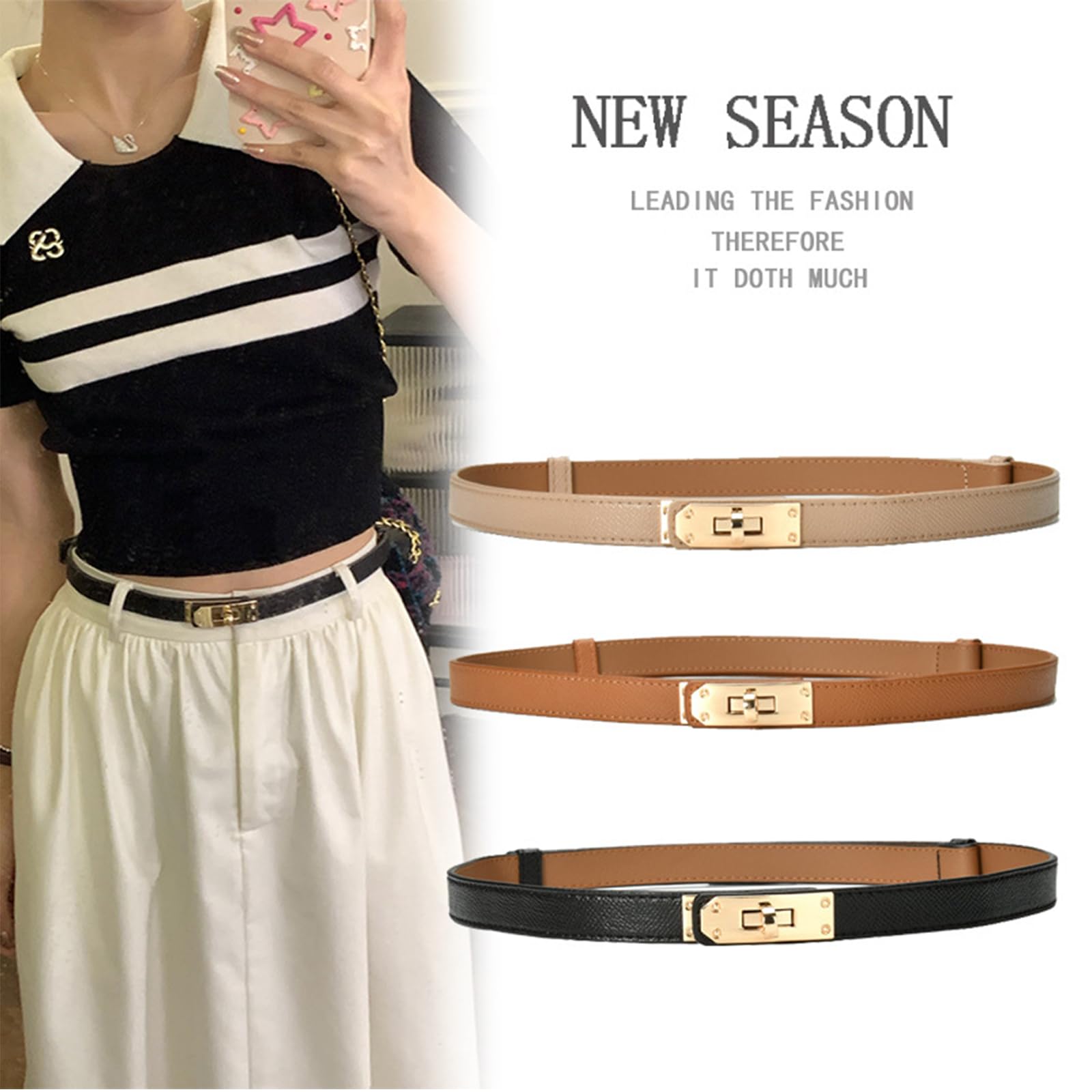 FENLDY Adjustable Thin Belts For Womens Skinny Belts For Dresses Womens Solid Color Alloy Turn Lock Belts For Jeans (Black belt gold buckle)