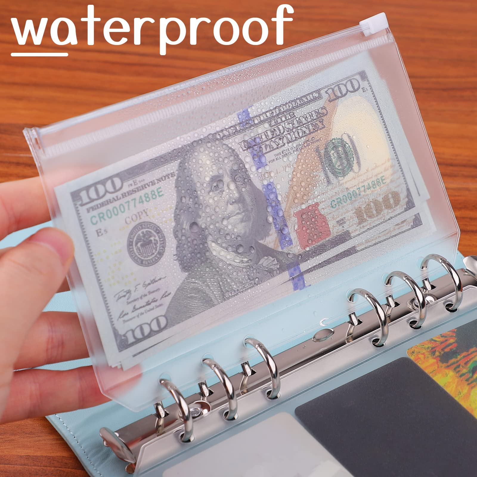 Antner 12pcs A6 Size Binder Pockets 6 Holes Budget Cash Envelopes for Budgeting, Clear Zipper Folders Loose Leaf Bags for A6 6-Ring Budget Binder, Waterproof PVC Document Pouch Filing Bags