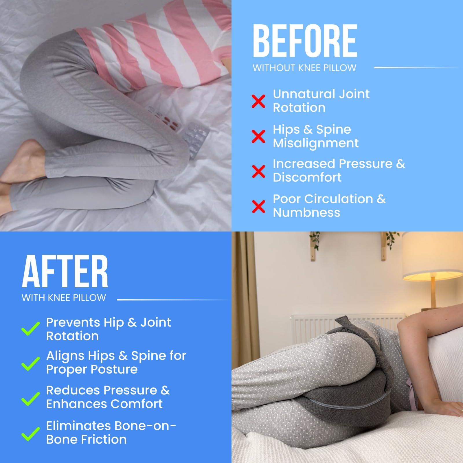 TULARIS Knee Pillow for Side Sleepers Hip Pain - Between Leg Pillow for Side Sleeping - Sciatica Pain Relief Support for Lower Back, Knees, Joints, and Spine