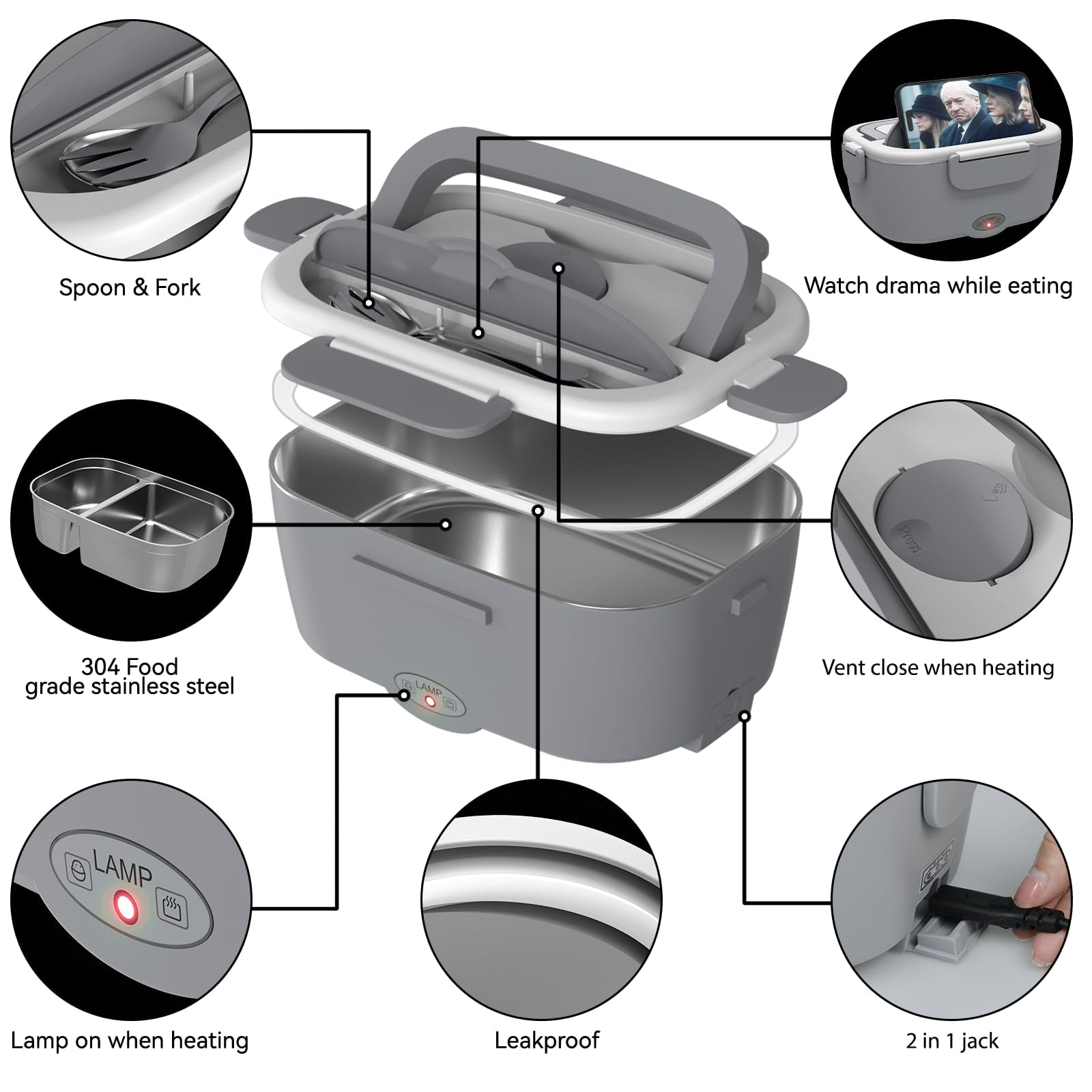 Electric Lunch Box for Adults - 80W Fast Heated Lunch Box for Men&Women with Dual 1.5L Stainless Steel Containers Fast Heating Portable Food Warmer for Car&Truck lonchera eléctrica portátil