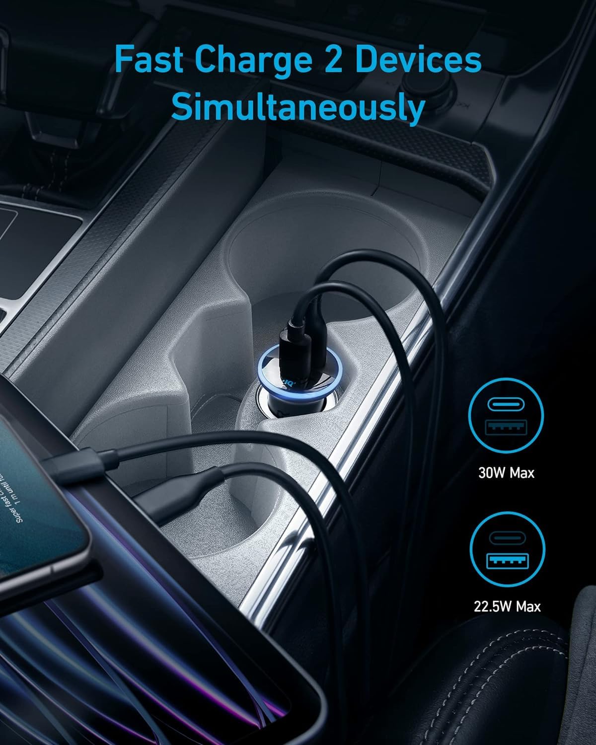 Anker 323 USB-C Car Charger Adapter, 52.5W Cigarette Lighter Charger with 30W PowerIQ 3.0 Fast Charging for iPhone 15/15 Pro Max, 14/13/12 Series, Galaxy S23/22, Pixel