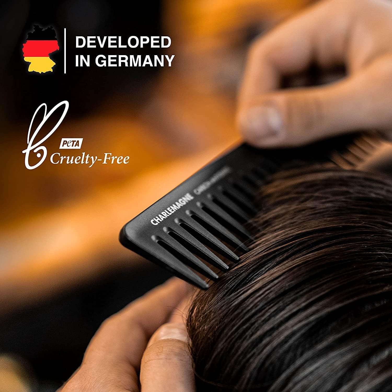 Charlemagne Carbon Hair Comb for Men - 19 cm, Coarse Teeth - Antistatic, Shatterproof Carbon Wide Tooth Comb for Curls & Texture Detangling - Developed by Barbers, Designed in Germany